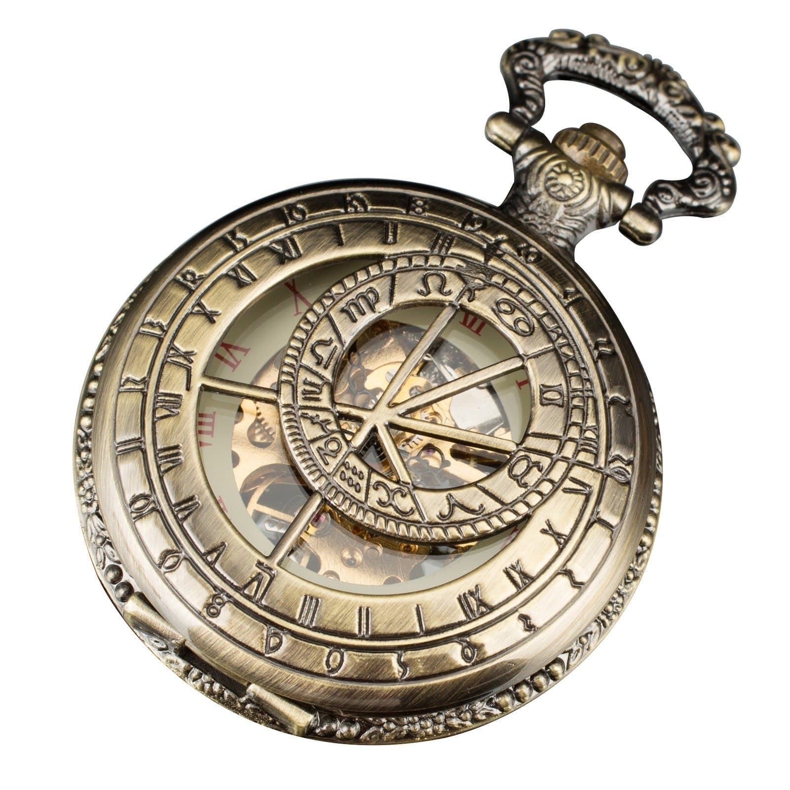 Infantry Skeleton Mechanical Pocket Watch Steampunk for Men Analogue Pendant with Chain Bronze
