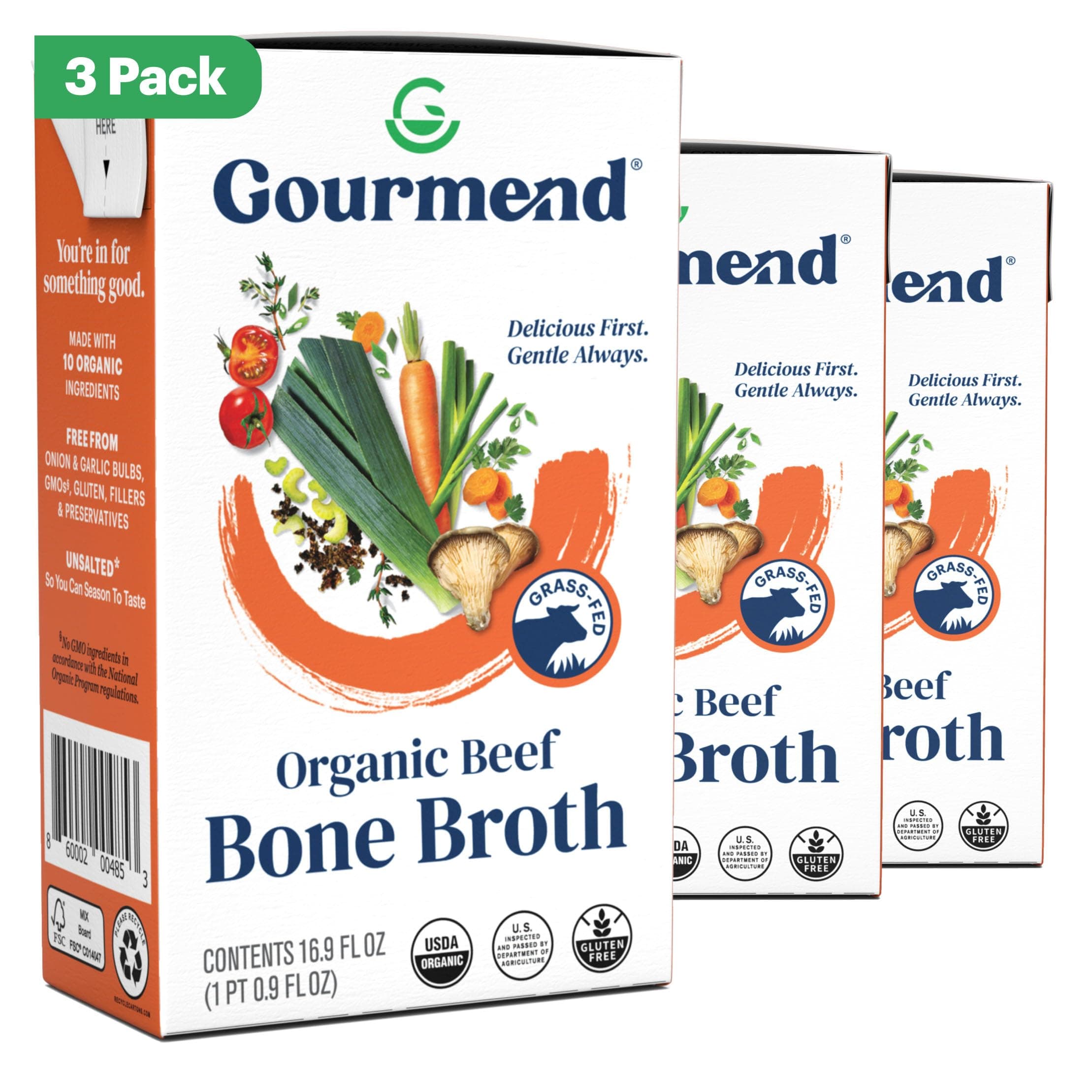 Organic Unsalted 16.9oz Beef Bone Broth from Gourmend Foods (3 Pack) – Just 10 Ingredients, Low FODMAP Certified, Filler Free, Gluten Free, Non-GMO, Onion & Garlic Bulb Free