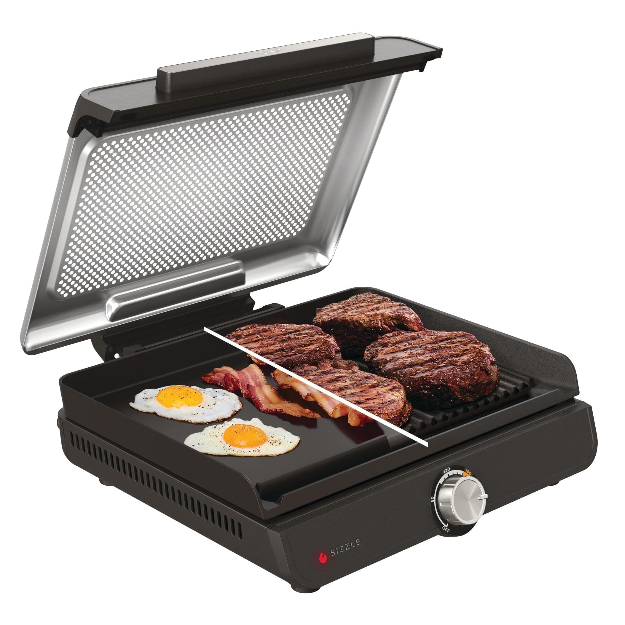 Sizzle Low Smoke Electric Indoor Grill & Flat Plate, 1460W, with Non-Stick Grill Plate & Flat Top Plate, Detachable Dishwasher Safe Lid, Grease Catch & Recipe Guide, Grey GR101UK