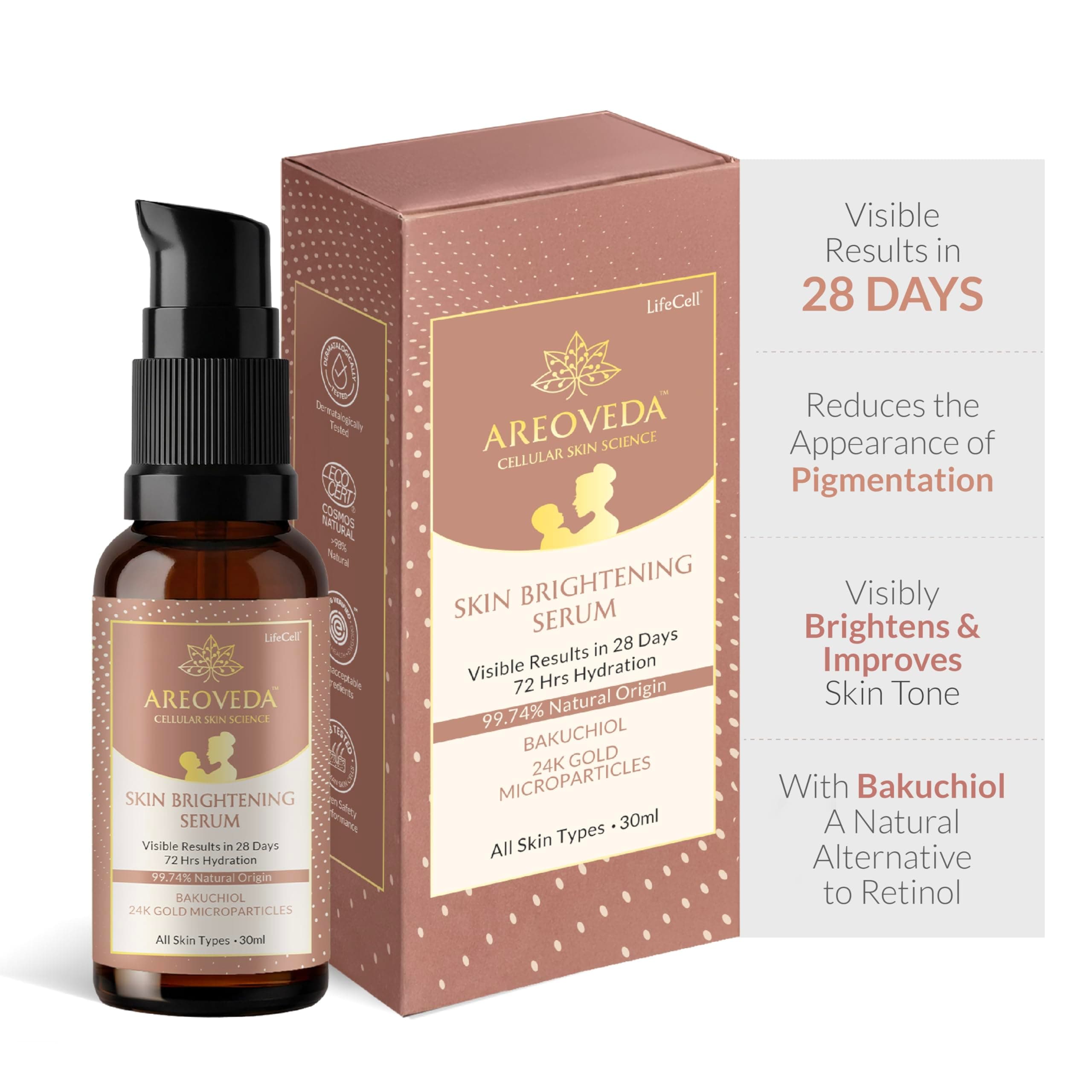 AreoVeda Skin Brightening Serum (30ml) Minimises the Appearance Of Dark Spots & Pigmentation I Evens Skin Tone I 72 Hrs Hydration I Visible Results in 28 Days I With Pentavitin & NaturePep Pea I Lab