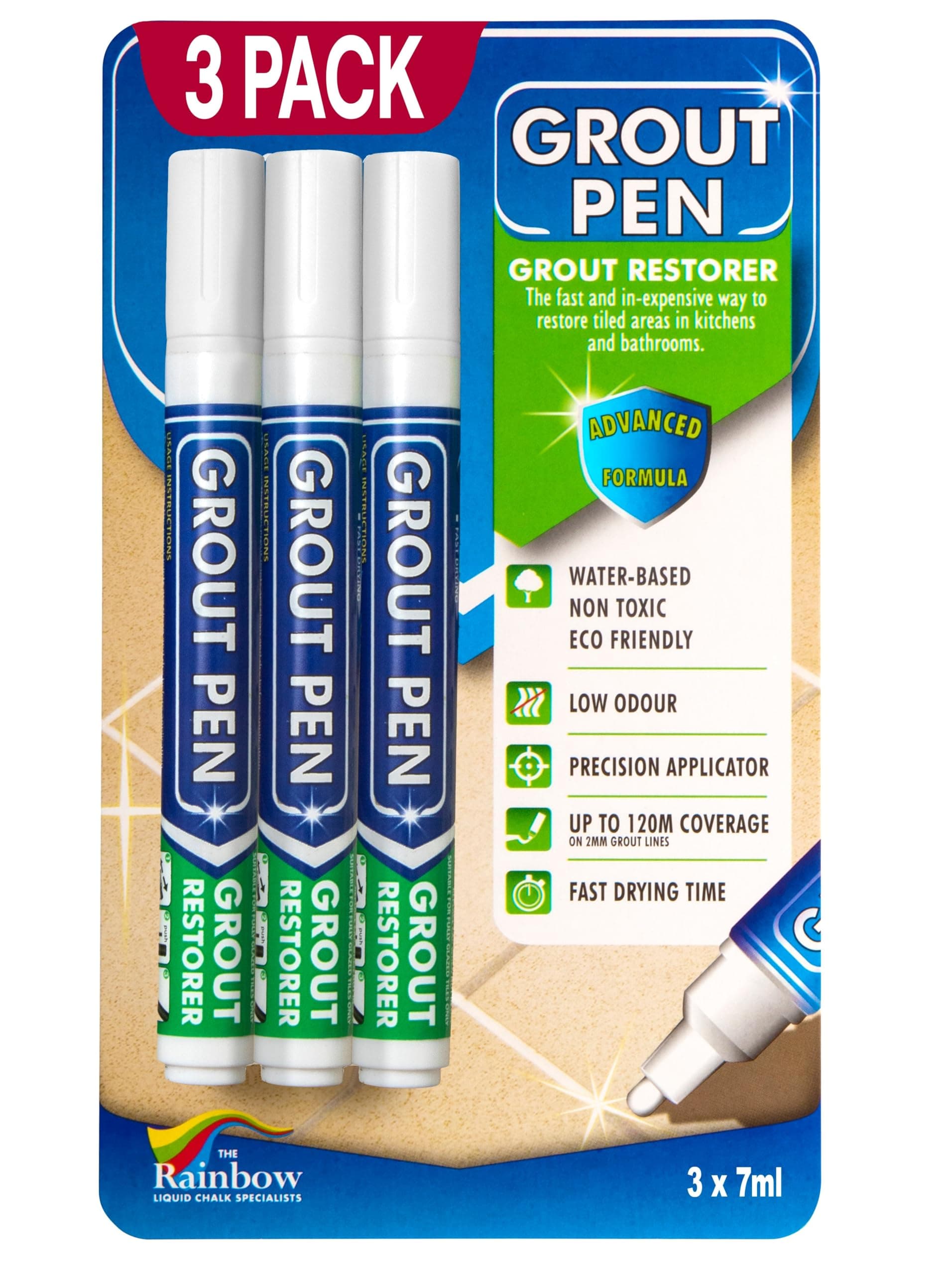 Rainbow Chalk Markers Limited 3 x White Grout Pens - Designed for Restoring Tile Grout in bathrooms & Kitchens