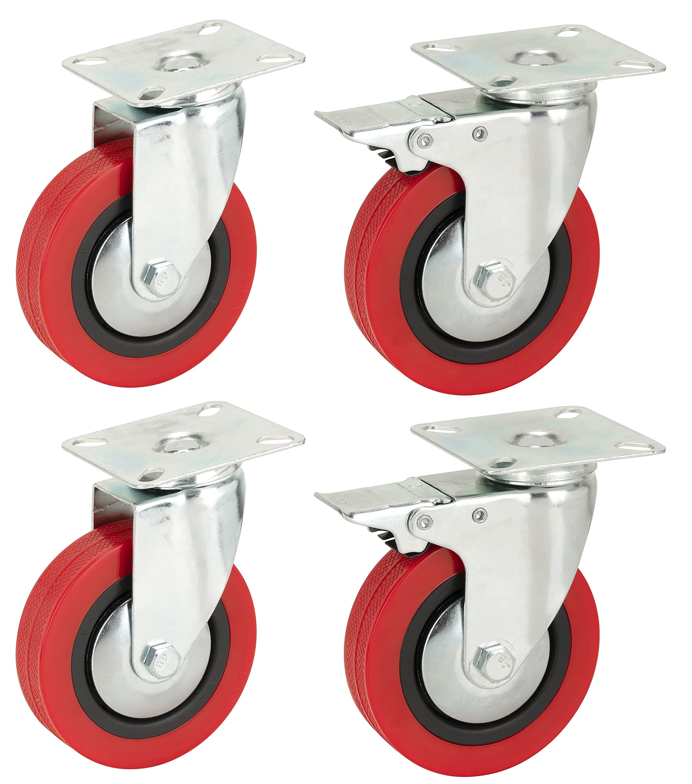 100mm Polyurethane Swivel Casters with brakes (RED PU) - HEAVY DUTY - Furniture, Appliance & Equipment Wheels by Bulldog Castors - Max 400Kg Per Set