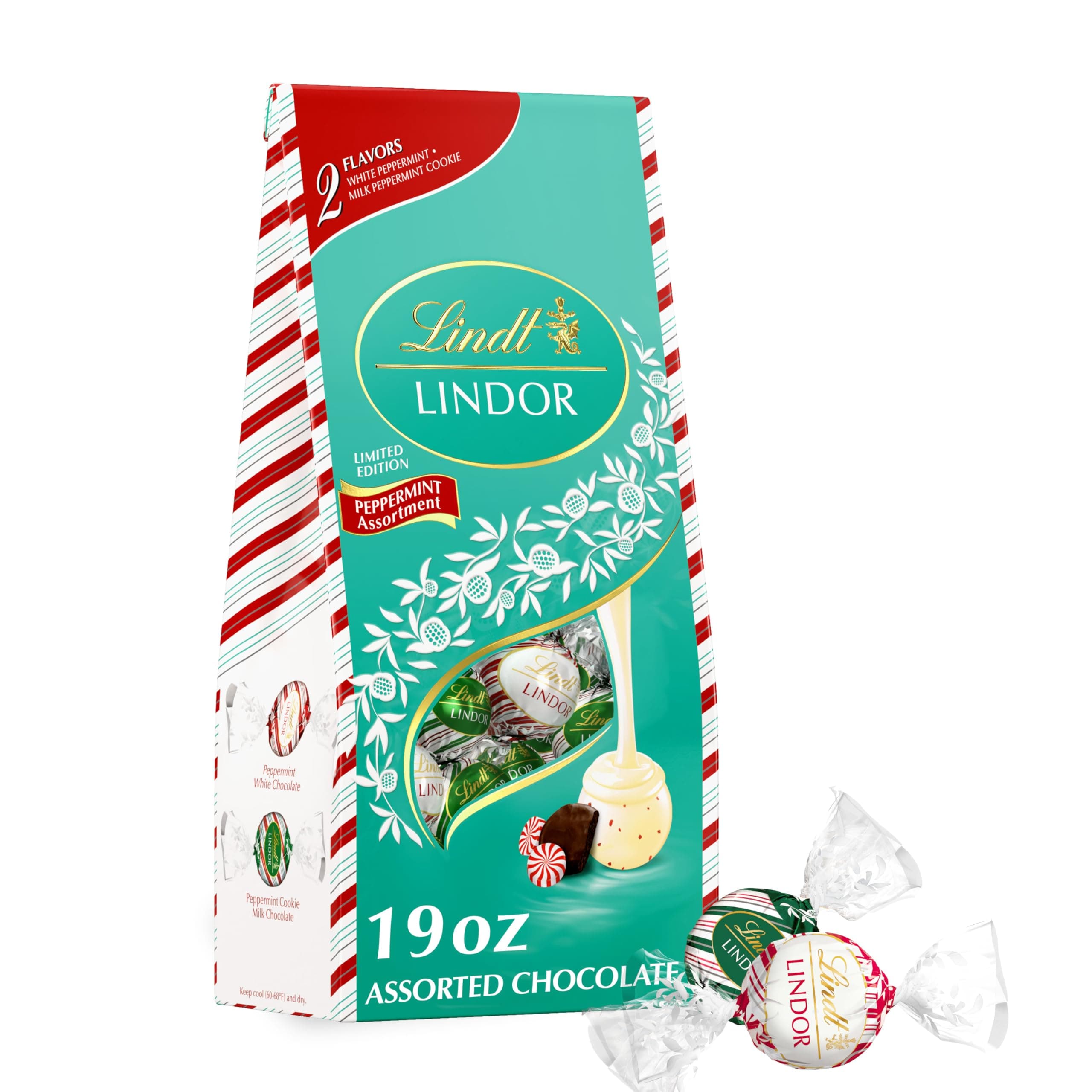 Lindt LINDOR Holiday Assorted Peppermint Chocolate Truffles, 19 oz. Bag