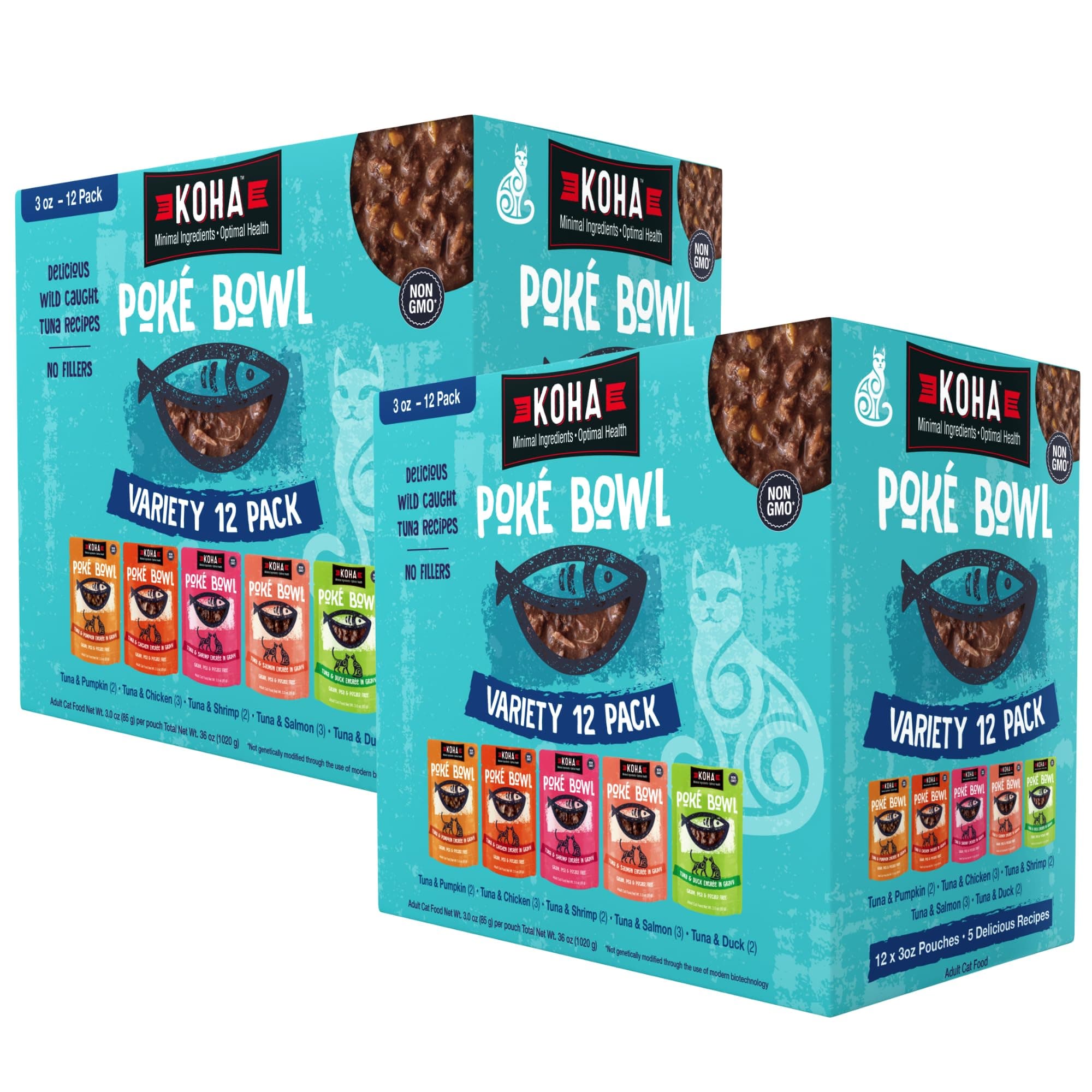KOHA Pet Food Poké Bowl Cat Variety Pack, Wet Cat Food in Gravy - 5 Flavors - Tuna Combinations of Salmon, Chicken, Duck, Shrimp, and More - 3 oz Pouches, Pack of 24