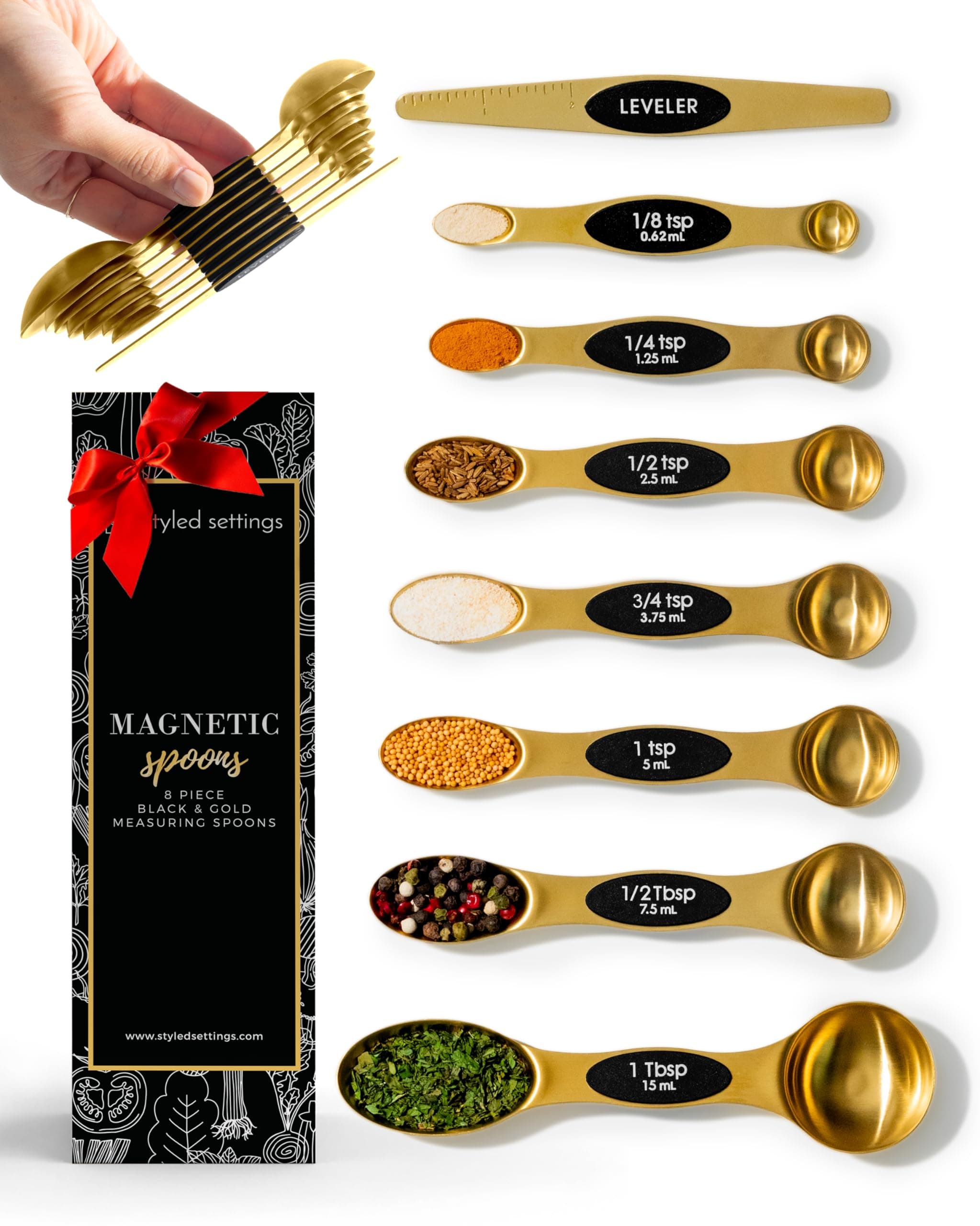 Magnetic Measuring Spoons Set – Stainless Steel Gold Measuring Spoons for Cooking and Baking – Cute and Durable Gold Kitchen Accessories - Great for Gifting
