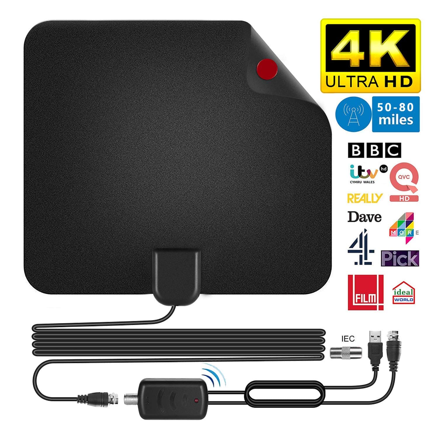 [2020 New Version] TV Antenna HD,Freeview Indoor TV Aerial 50-80 Miles Range 4K Digital HDTV Indoor Antenna with Detachable Amplifier Signal Booster and 16.4ft Long Coax Cable,Support VHF/UHF/FM