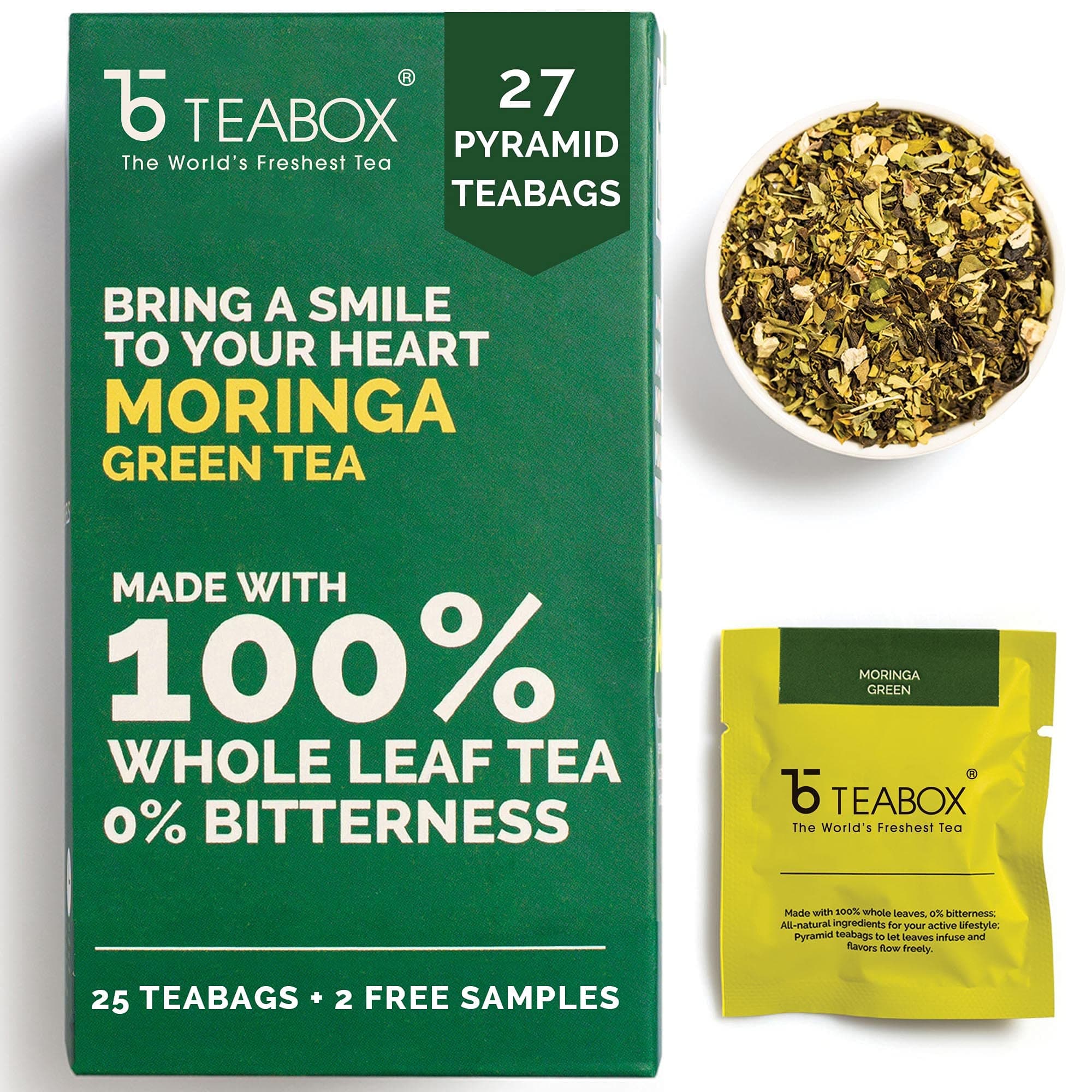 ONLYLEAF Moringa Green Tea for Healthy Heart, Made with 100% Whole Leaf, Natural Moringa & Ginger, 27 Pyramid Tea Bags (25 Tea Bags + 2 Free Samples)