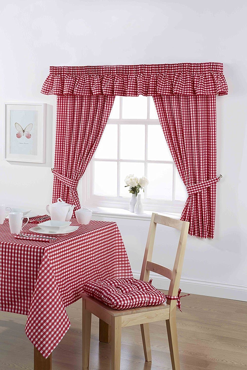 Country Look Gingham Check Cherry Unlined Readymade Curtain 46x54in (116x137cms) Approximately. Includes Tie Back Pair.