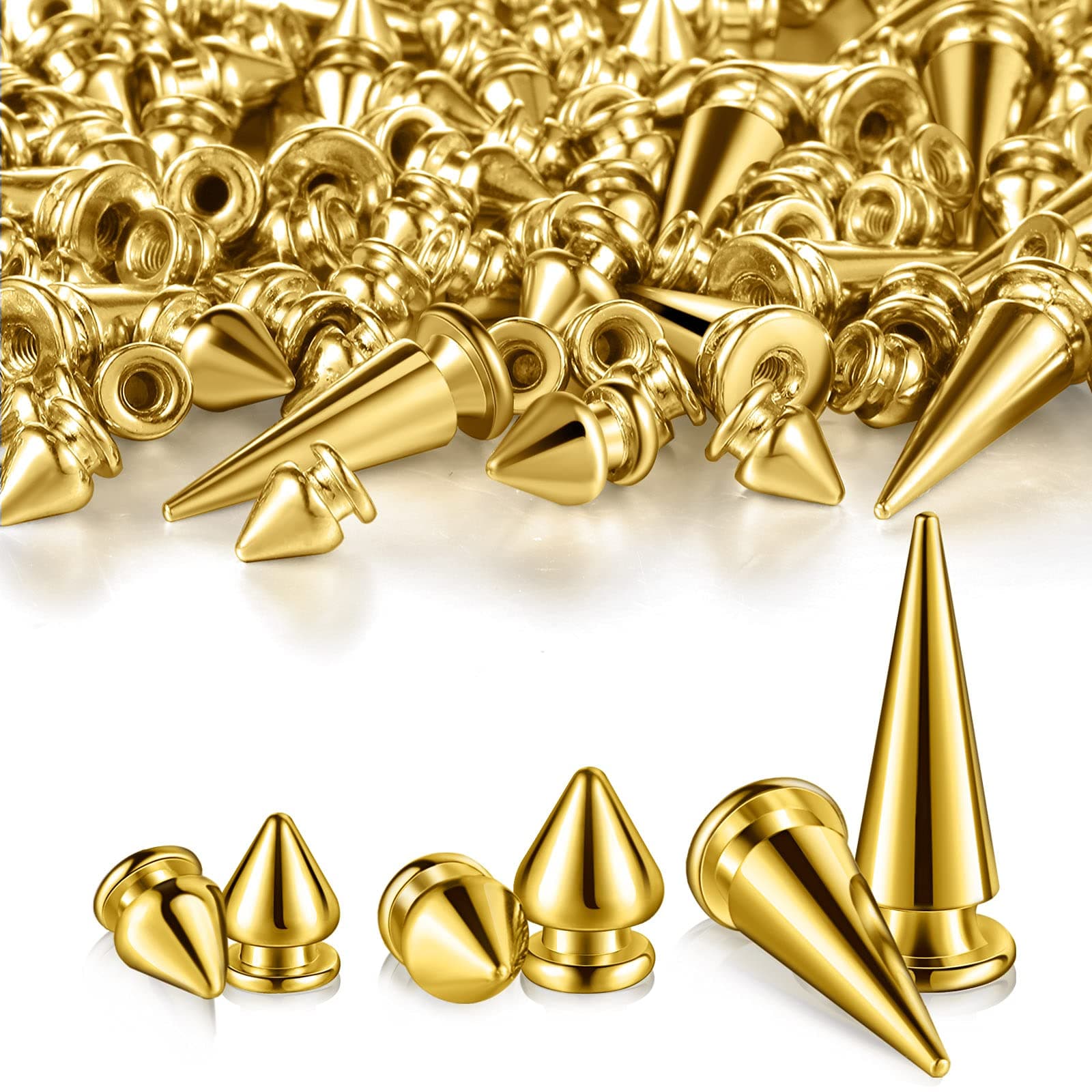 HicarerHicarer 170 Pieces Multiple Sizes Cone Spikes Screwback Studs Rivets Large Medium Small Metal Tree Spikes Studs for Punk Style Clothing Accessories DIY Craft Decoration (Golden)