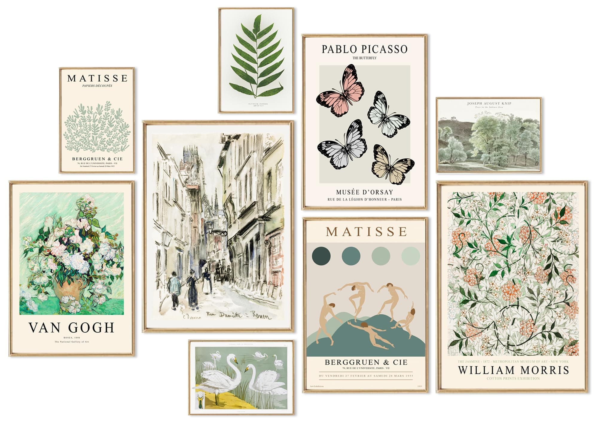 uniro Sage Green Eclectic Wall Art Prints, 9 Pcs Matisse Wall Art Exhibition Posters for Room Aesthetic, Van Gogh William Morris Matisse Picasso Green Eclectic Gallery Wall Decor, Maximalist Canvas