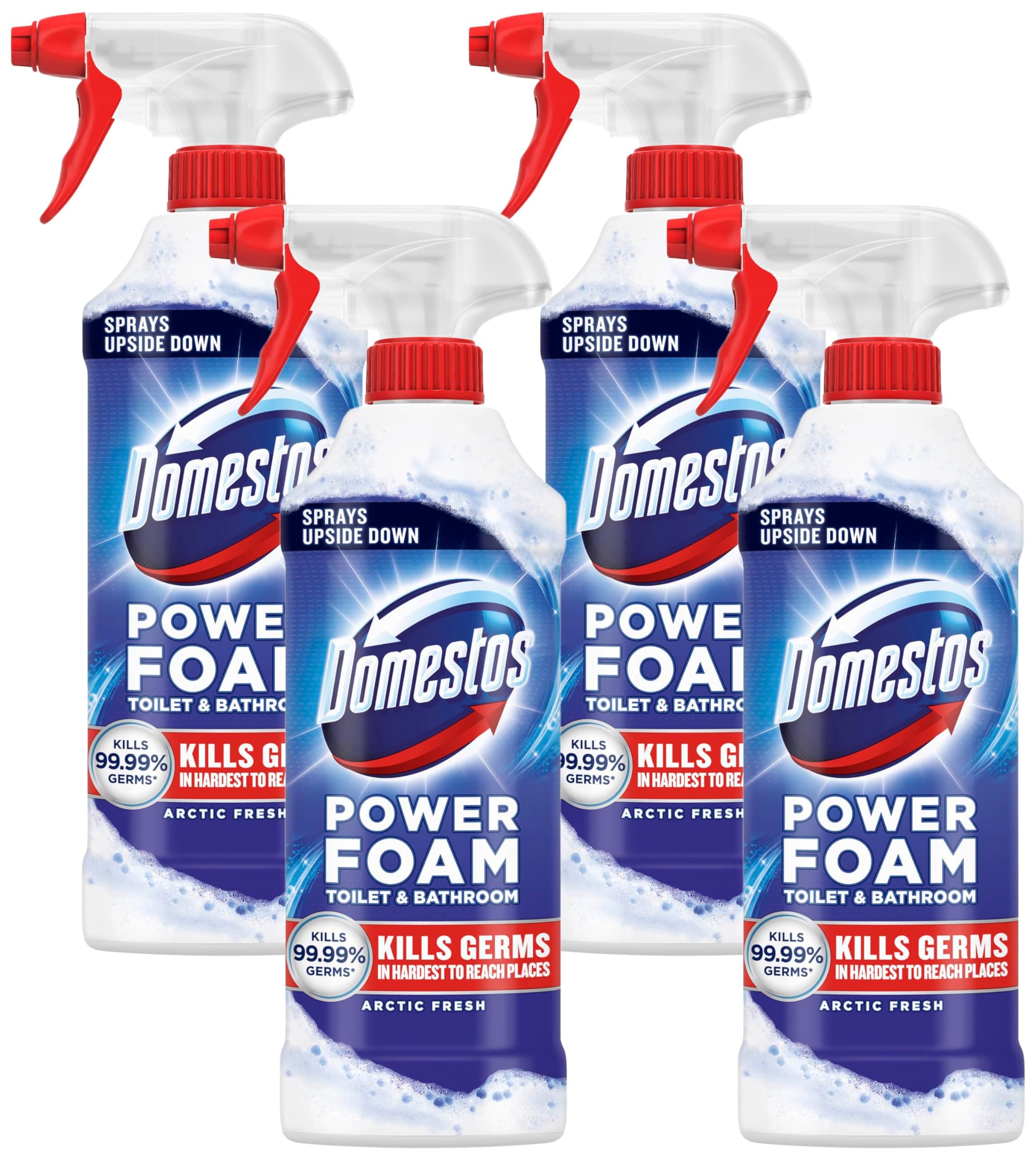 Power Foam Arctic Fresh Toilet & Bathroom Cleaner Spray sprays upside down & eliminates 99.99% of germs for cleaning inside the toilet & around bathroom 450 ml (Pack of 4)