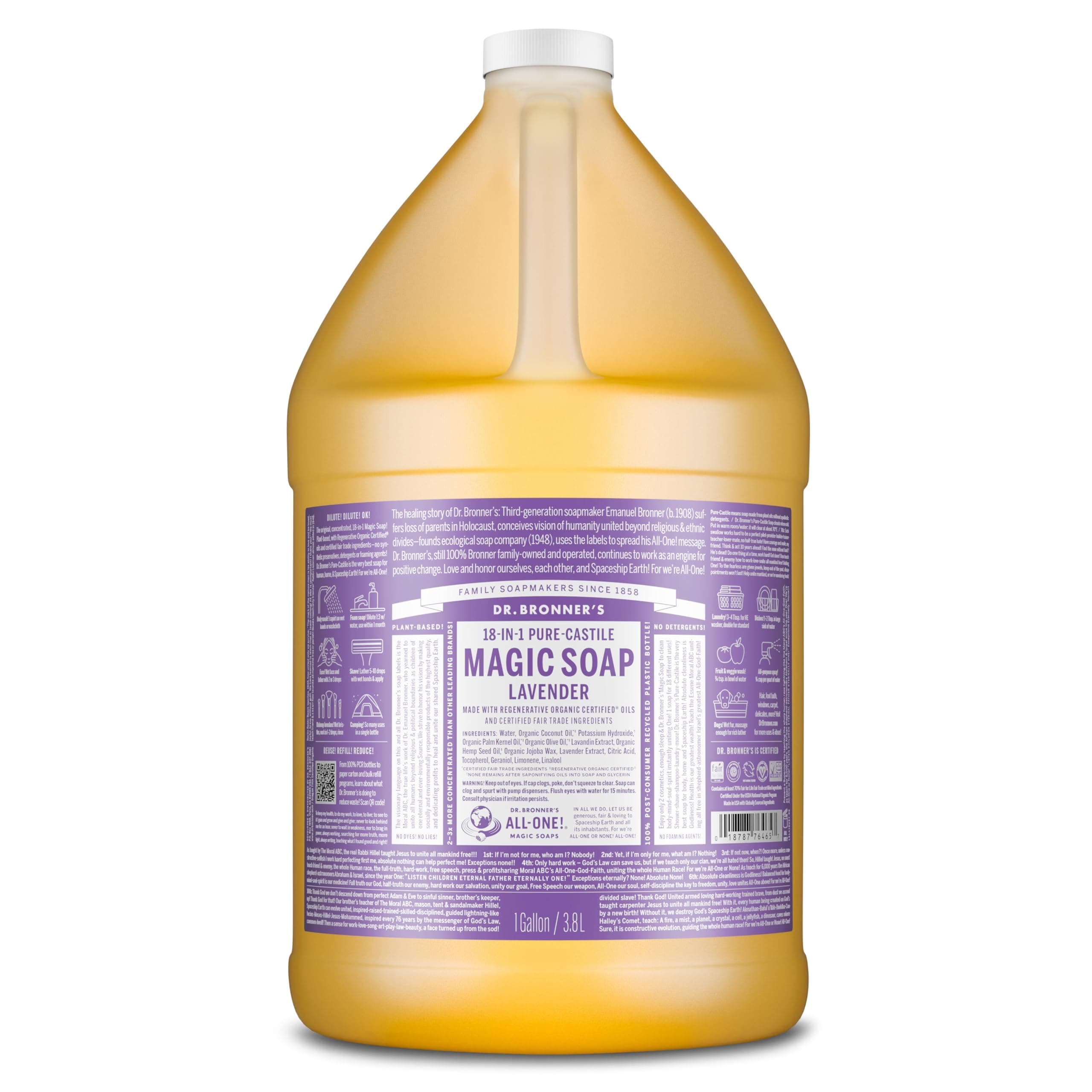 Dr. Bronner's Pure-Castile Magic Soap Liquid (Lavender, 1 Gallon) – Made with Regenerative Organic Certified Oils- For Face, Hair, Laundry, Dishes- Hand Soaps & Body Wash – Concentrated, Vegan