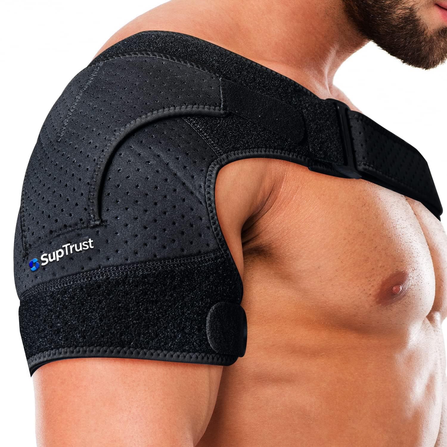 Suptrust Recovery Shoulder Brace for Men and Women Shoulder Stabilizing Support Brace Adjustable Fit Sleeve Wrap Relieves Shoulder Injuries and Tendonitis One Size Fits Most Regular, Dark Black