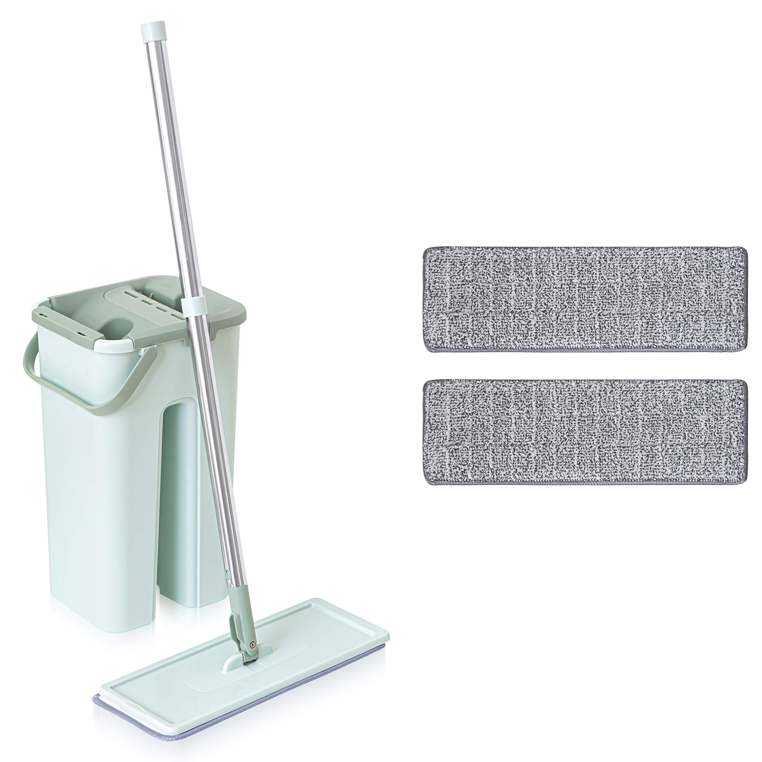 Flat Mop and Bucket Set - Dual Wash & Dry Cleaning Bucket - Includes 2 Washable Microfiber Mop Pads - Green