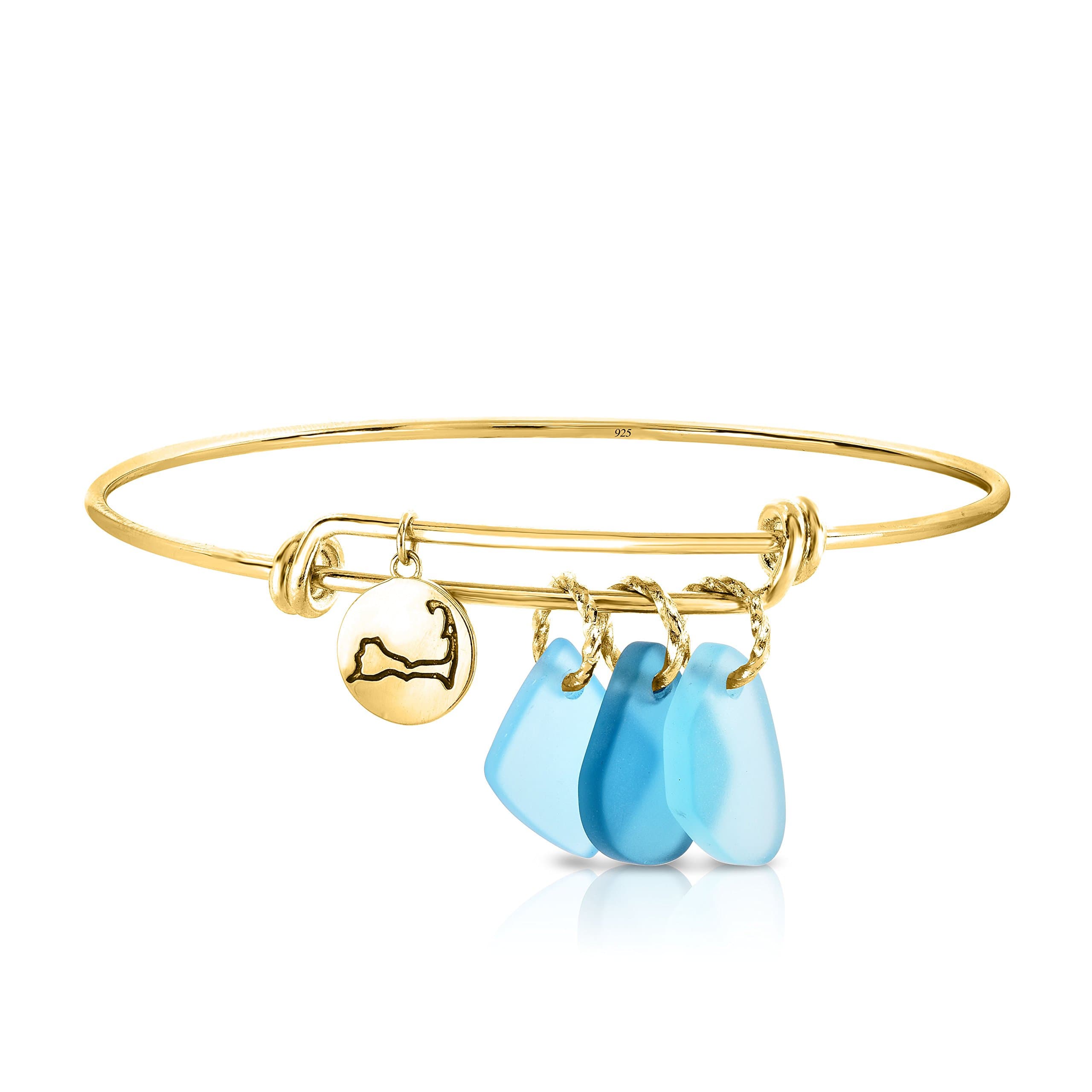 Ocean Side Adjustable, Nautical Sailor's Knot Sterling Silver Sea Glass & Map Charms Bracelet Size 6.5" - 7.5". (14K Yellow Gold Plated)