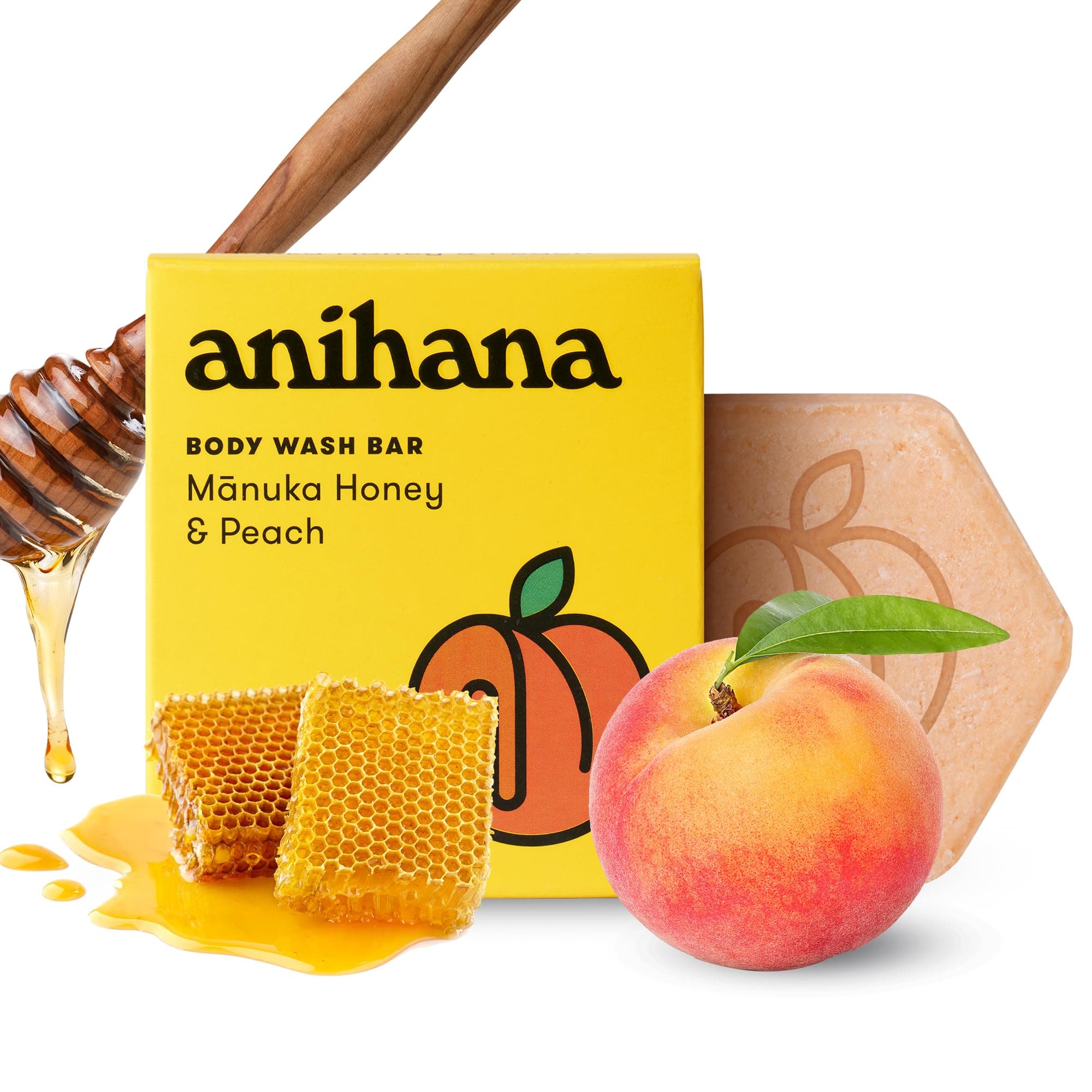 ANIHANA Body Wash Bar with Coconut Oil, Soap Free, Moisturizing, Gentle, Soft Skin Care, Refreshing Manuka Honey & Peach Scent 2.8 Oz