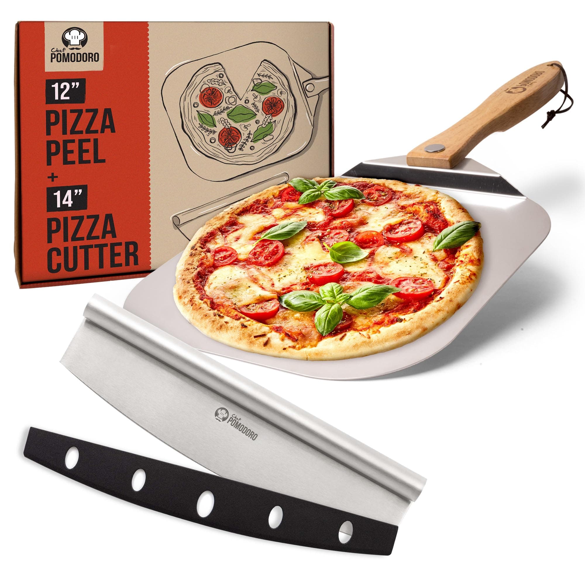 Chef Pomodoro Ultimate Pizza Kit: Pizza Peel + Pizza Knife | Pizza Making Tools and Cutting Tools | Pizza Scoop with Folding Handle and Stainless Steel Pizza Cutter