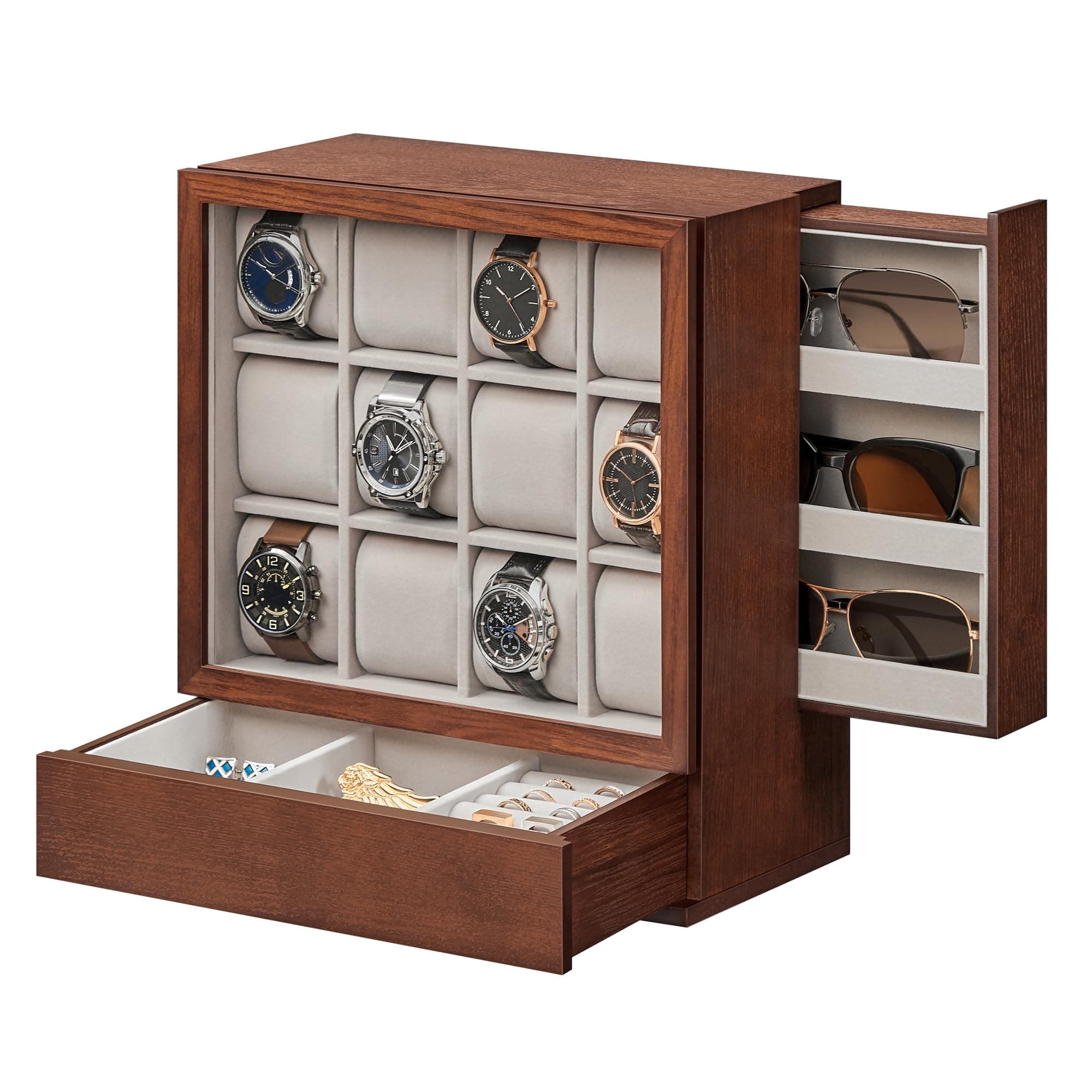 SONGMICS 12-Slot Watch Box, Watch Display Case with Window, Solid Wood Veneer, Velvet Lining, Vertical Storage, Space Saving, Gift Idea, Coffee Brown UJOW014K01