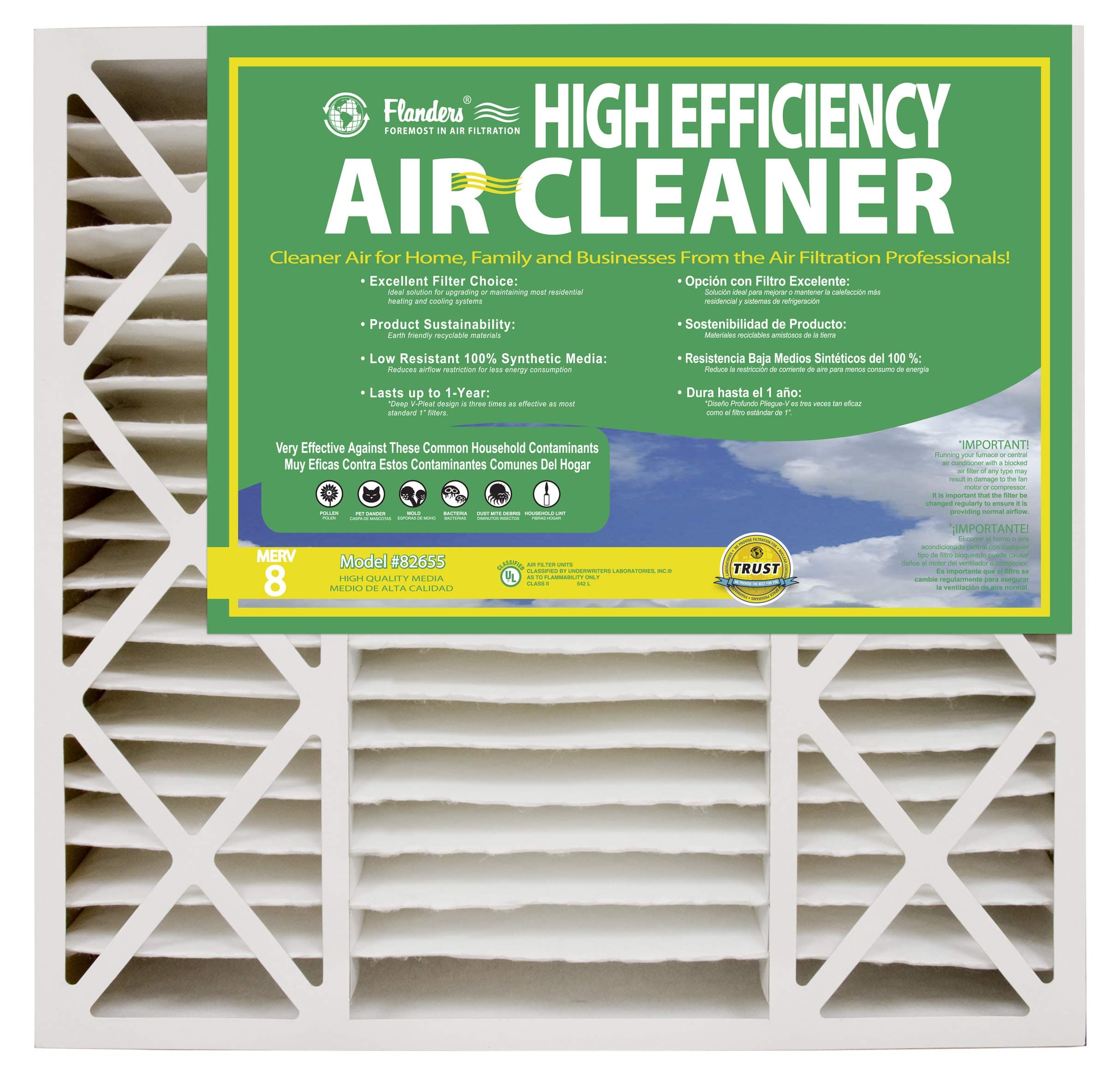 Flanders PrecisionAire 82655.0452025 20 by 25 by 4.5 Air Cleaner Merv 8 Air Filter, Pack of 2, 20" x 25" x 4.5"