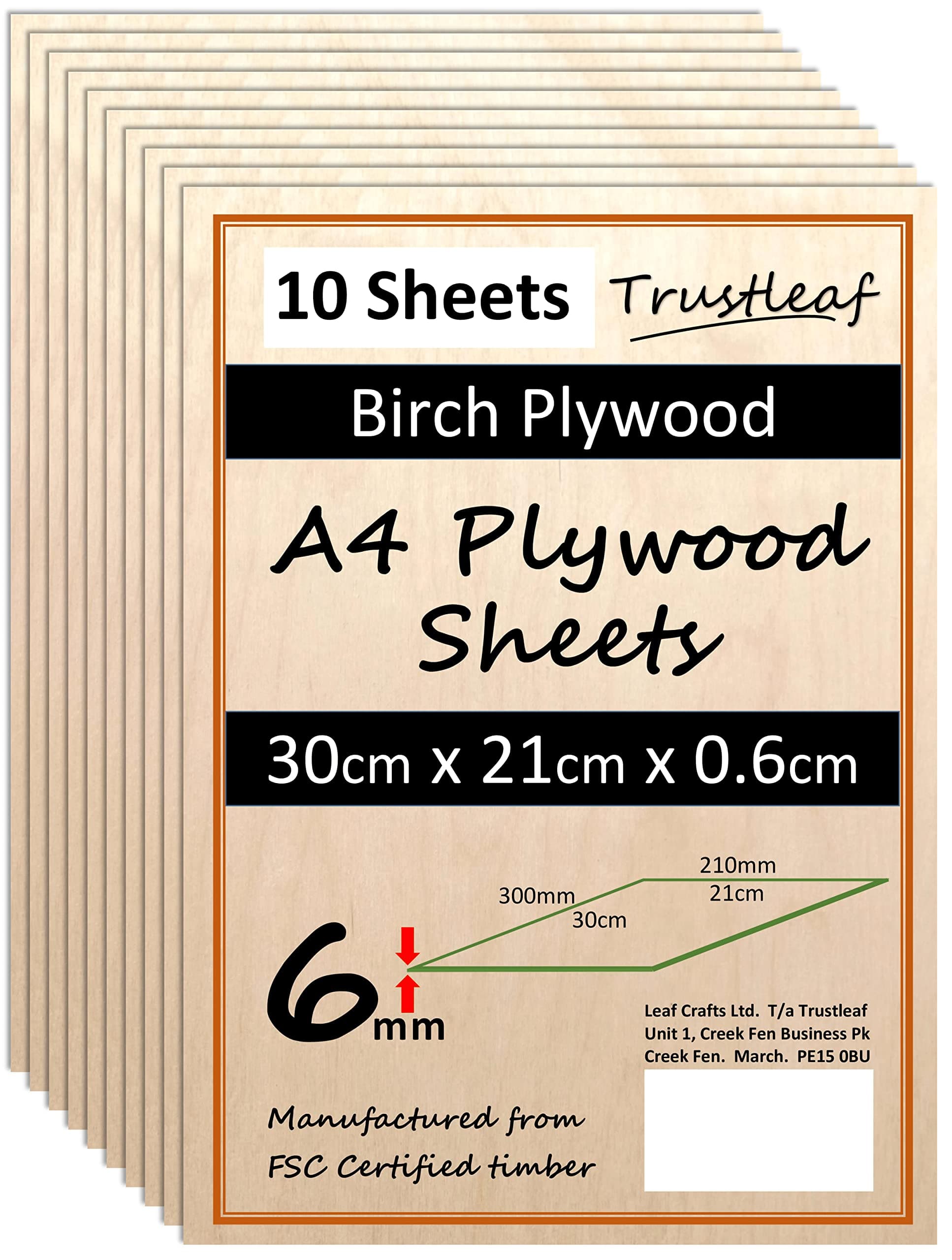 6mm Birch Plywood A4-300x210x 6mm - (Pack of 10) Laserable Low fume E1 Glue Ply.