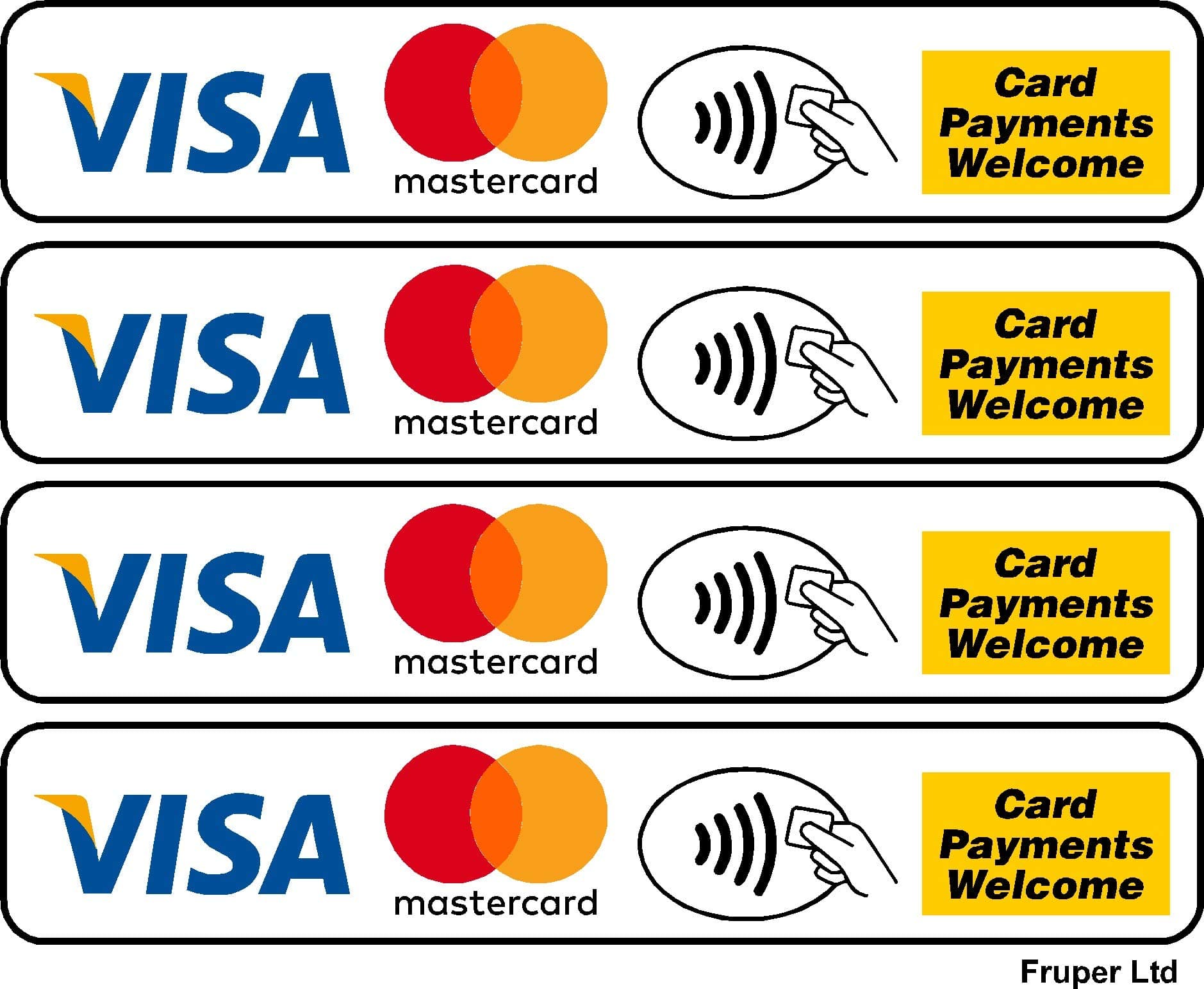 EG 4 x Contactless Card Payments Welcome Visa MasterCard Credit Card, Vinyl Laminated Waterproof Stickers Decals -Taxi - Minibus - Coach - Hire - Car - Business - Shop