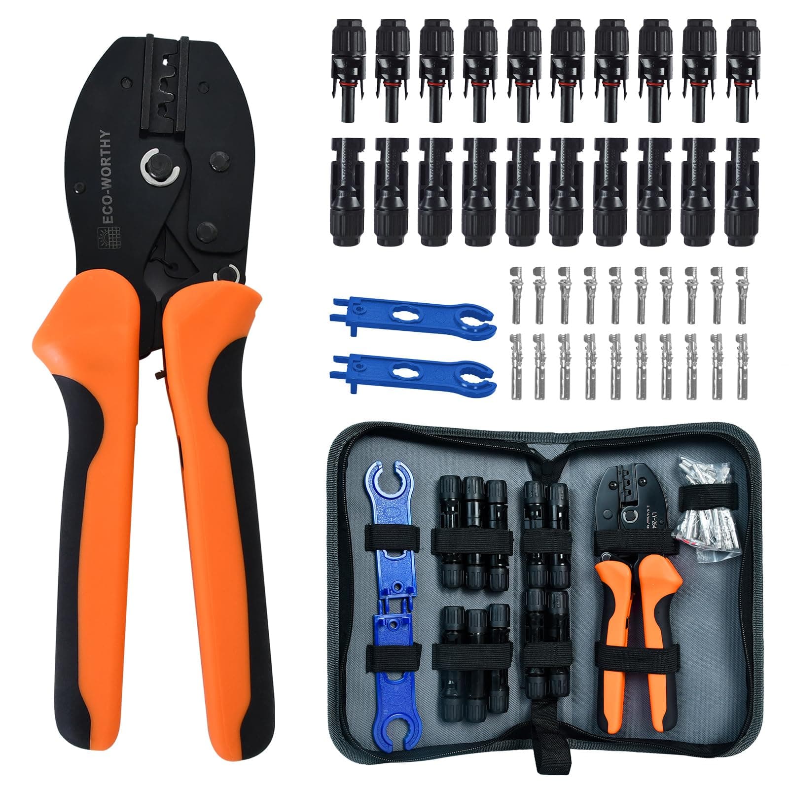 ECO-WORTHY Solar Crimper Tool Kit 13 PCS Solar Tools - a Crimper, 10 Pairs of Solar Connectors, 2 Pairs of Solar Connector Spanner Wrench for Solar Panel Cable Assembly and Installation