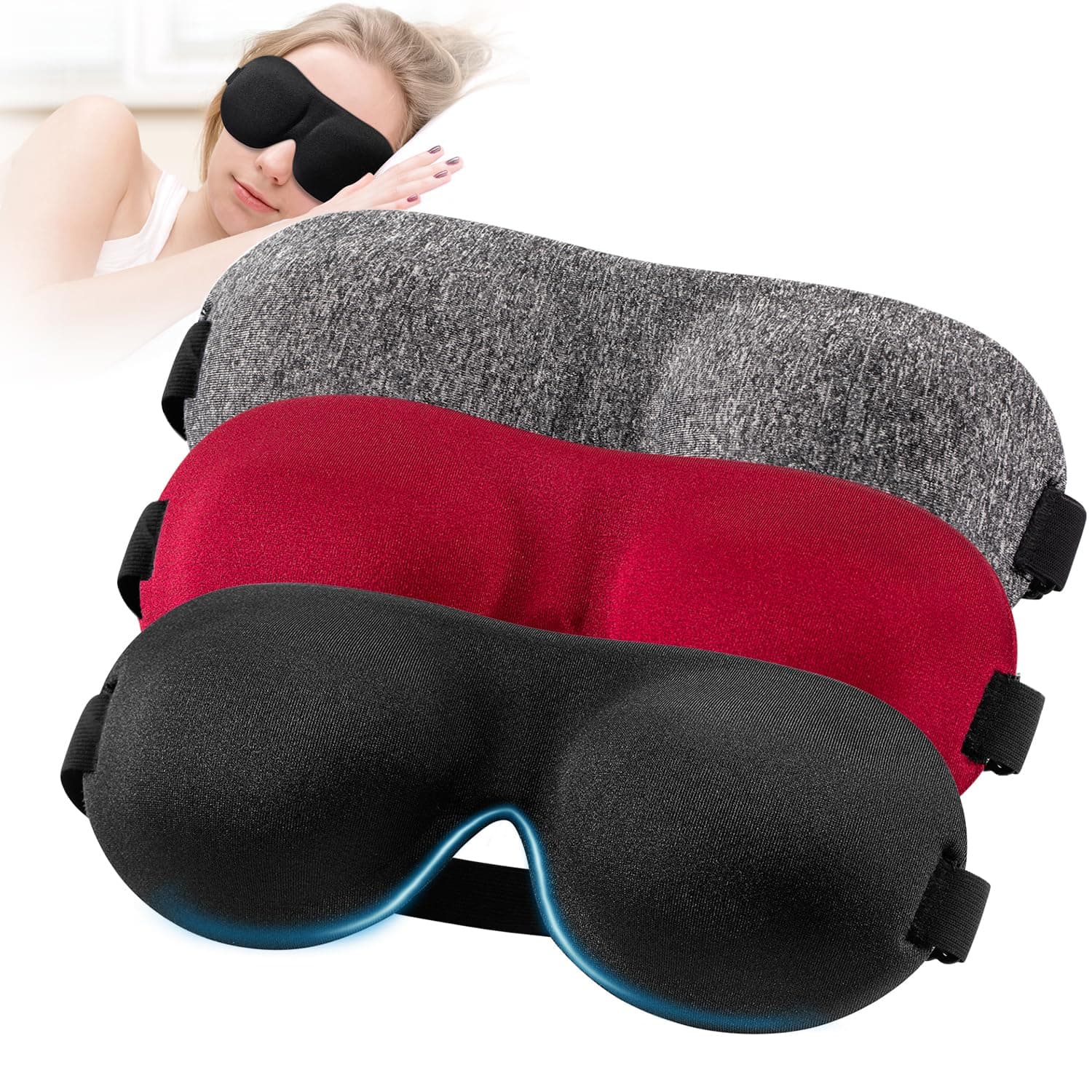 YIVIEW Sleep Mask Pack of 3, Lightweight & Comfortable Super Soft Adjustable 3D Contoured Eye Masks for Sleeping, Travel, Shift Work, Naps, Night Blindfold Eyeshade for Men Women, Gray/Red/Black