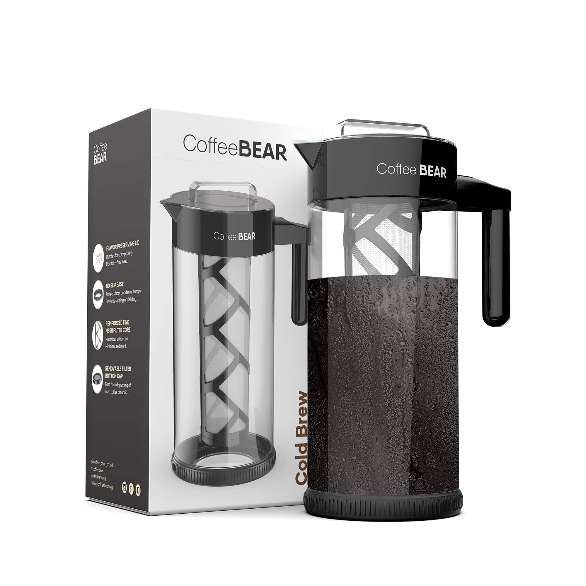 COFFEE BEAR Cold Brew Maker - 1300ml (44oz) Premium Glass Pitcher with Removable Mesh Filter and No-Slip Base - Recipe E-Book