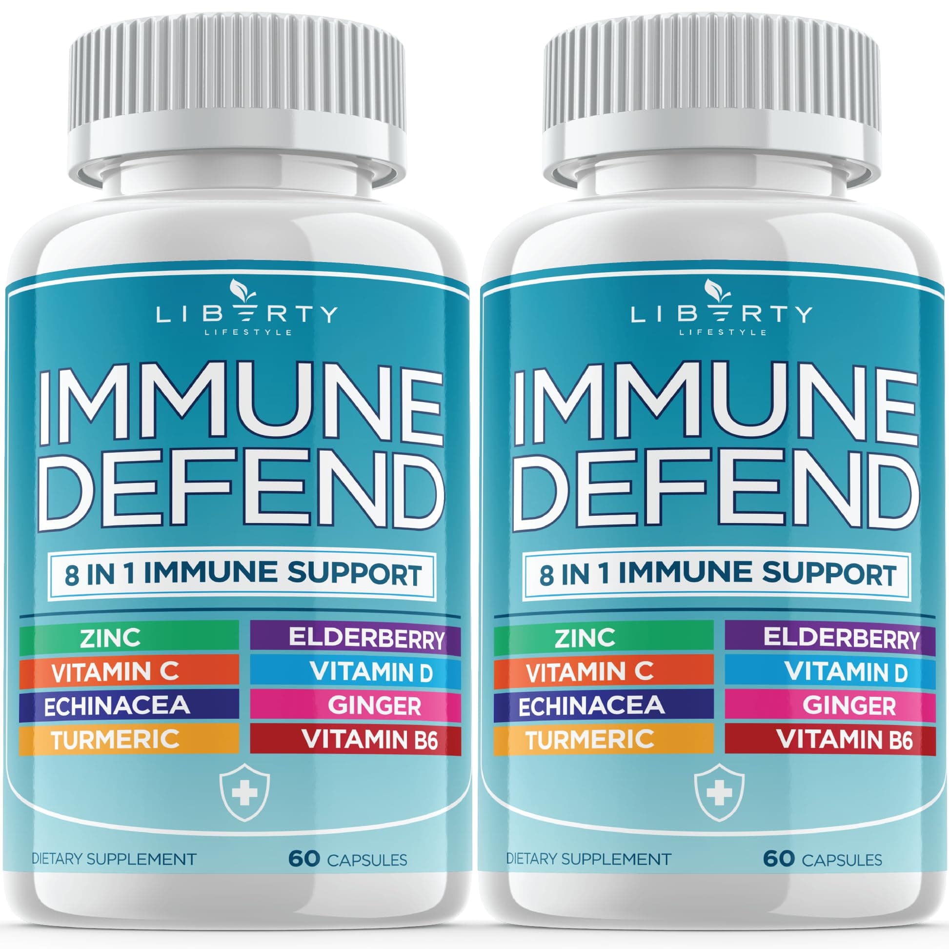 8 in 1 Immune Defense Support, Immunity Vitamins Supplement Booster Zinc 50mg, Vitamin C Elderberry VIT D3 5000 IU, Turmeric Curcumin & Ginger, Echinacea - Allergy Relief for Kids Adults (2 Pack)