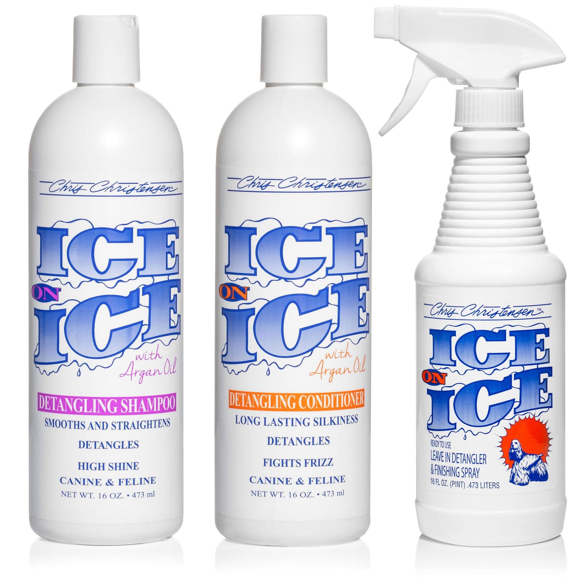Chris Christensen Ice on Ice Bag Deal 64 - Detangling Shampoo, Conditioner & Finishing Spray for Dogs - 16oz High Shine & Fights Frizz, Detangles for Dog Skin Problems