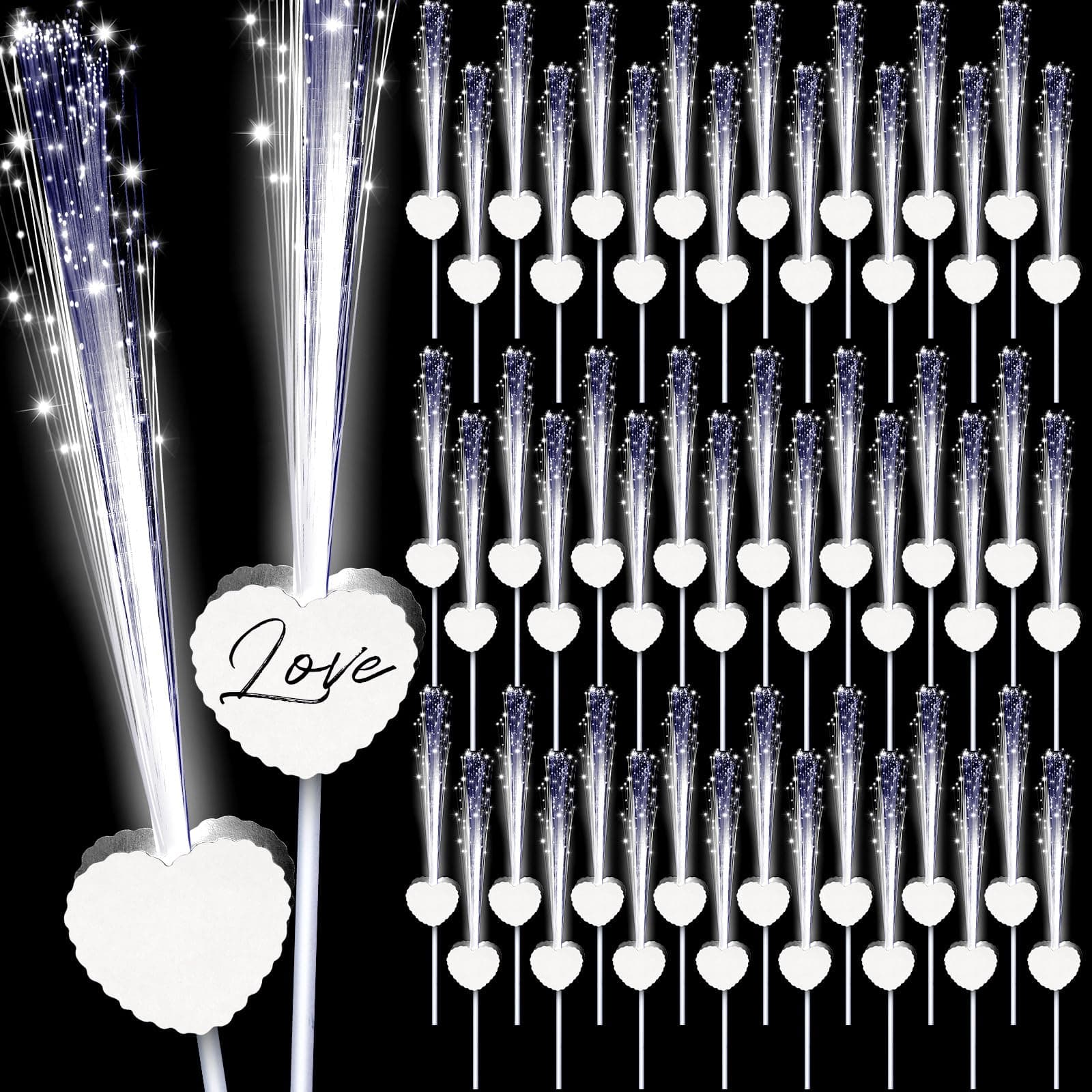 50 Pcs LED Wedding Sparklers Glow Sticks Heart Shape Long Fiber Optic Wands with 3 Light Modes for Send Off Reception Valentine Proposal Carnival Birthday Party Supplies Dance Floor Prop (White)