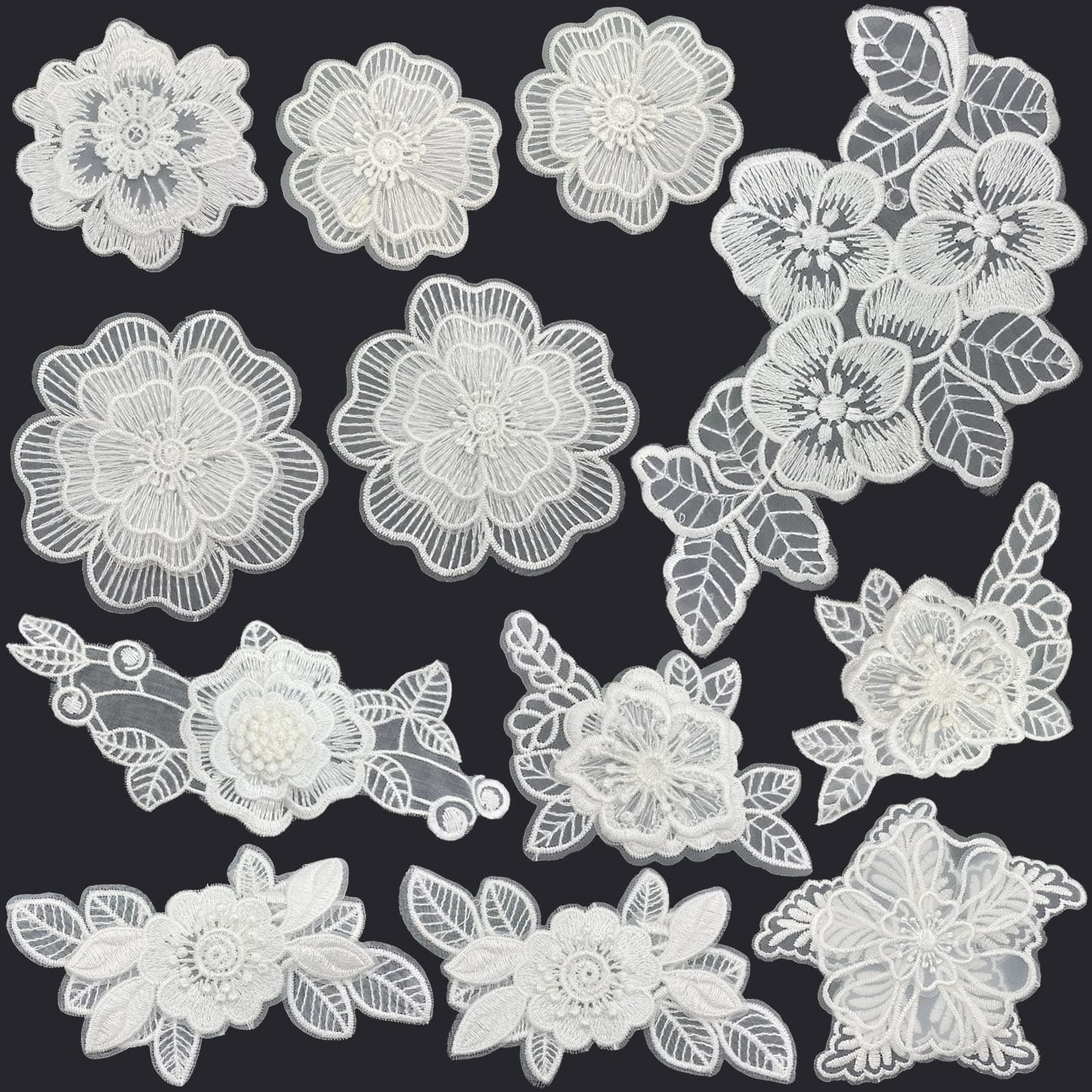BETITETO 12 Pieces Flower Lace Embroidered Applique 3D Floral Sew On Patches for Clothes Repairing Decorating Wedding Dress DIY Sewing Craft (White)