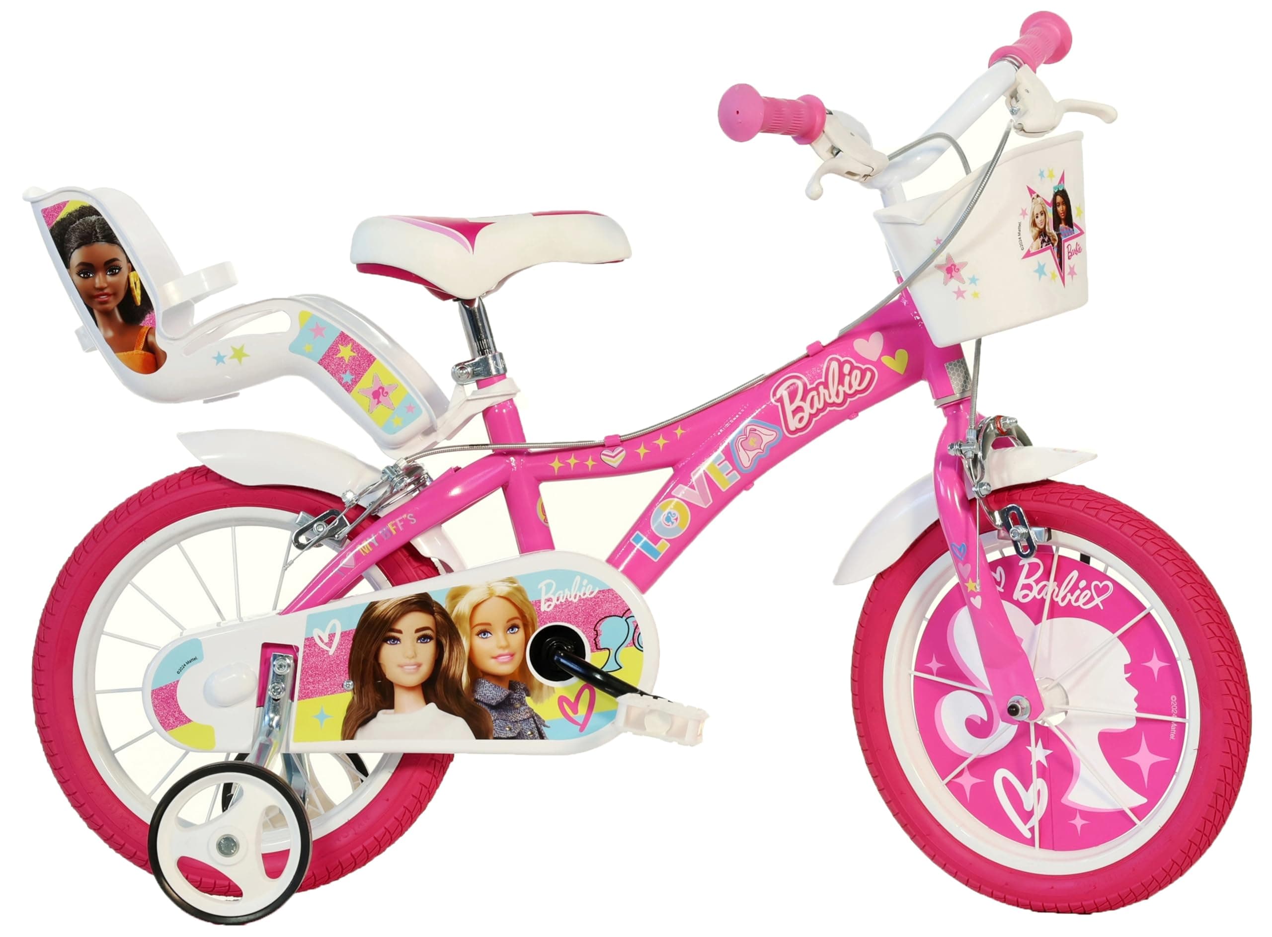 Dino Bikes 16-Inch Barbie Bicycle with Stabilisers, Doll Carrier and Basket, โPink and White recommended age from 36 months - 7 years
