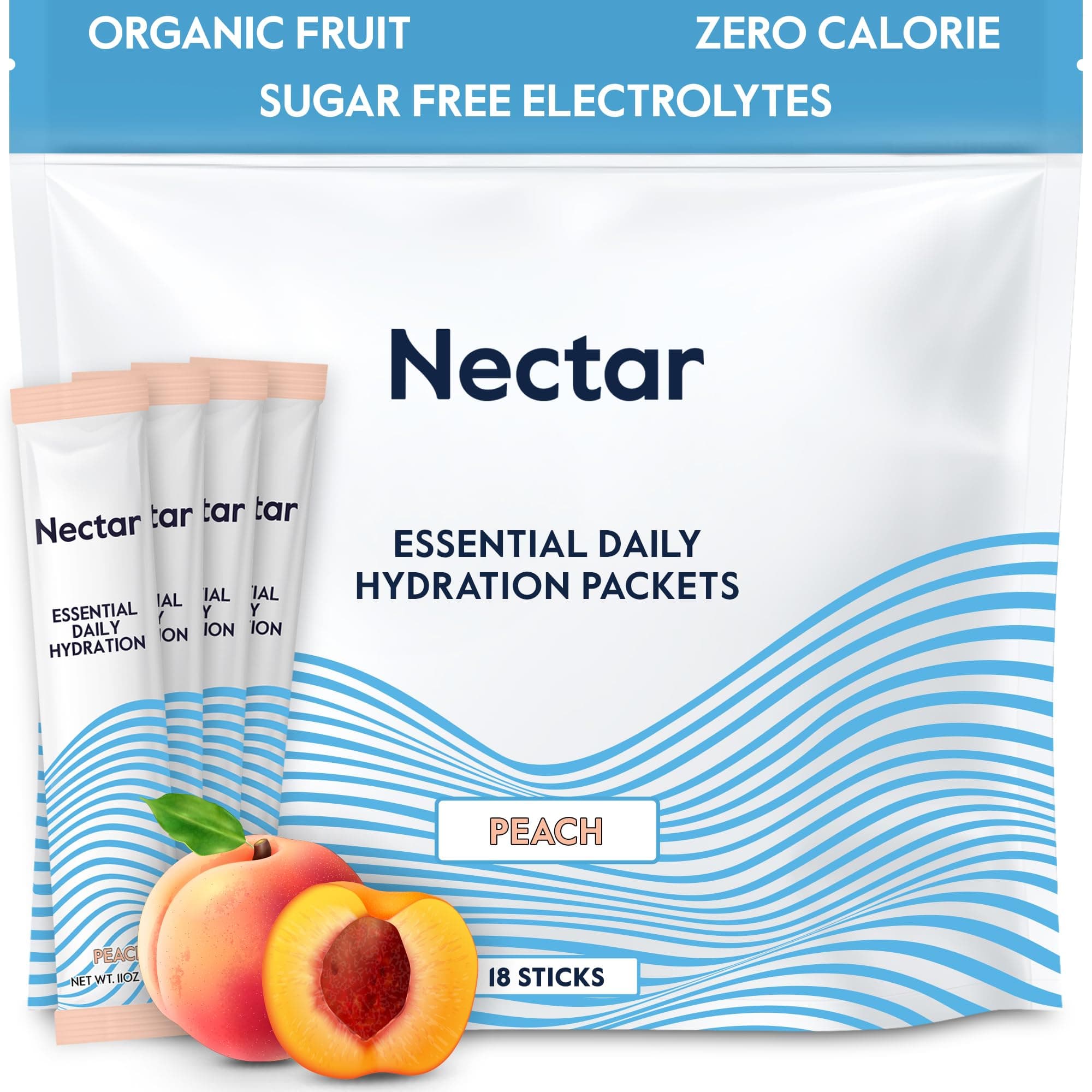 Nectar Hydration Packets - Electrolytes Powder Packets - Sugar Free & 0 Calorie - Organic Fruit Liquid Daily IV Hydrate Sticks for Dehydration Relief & Rapid Rehydration (Peach 18 Pack)