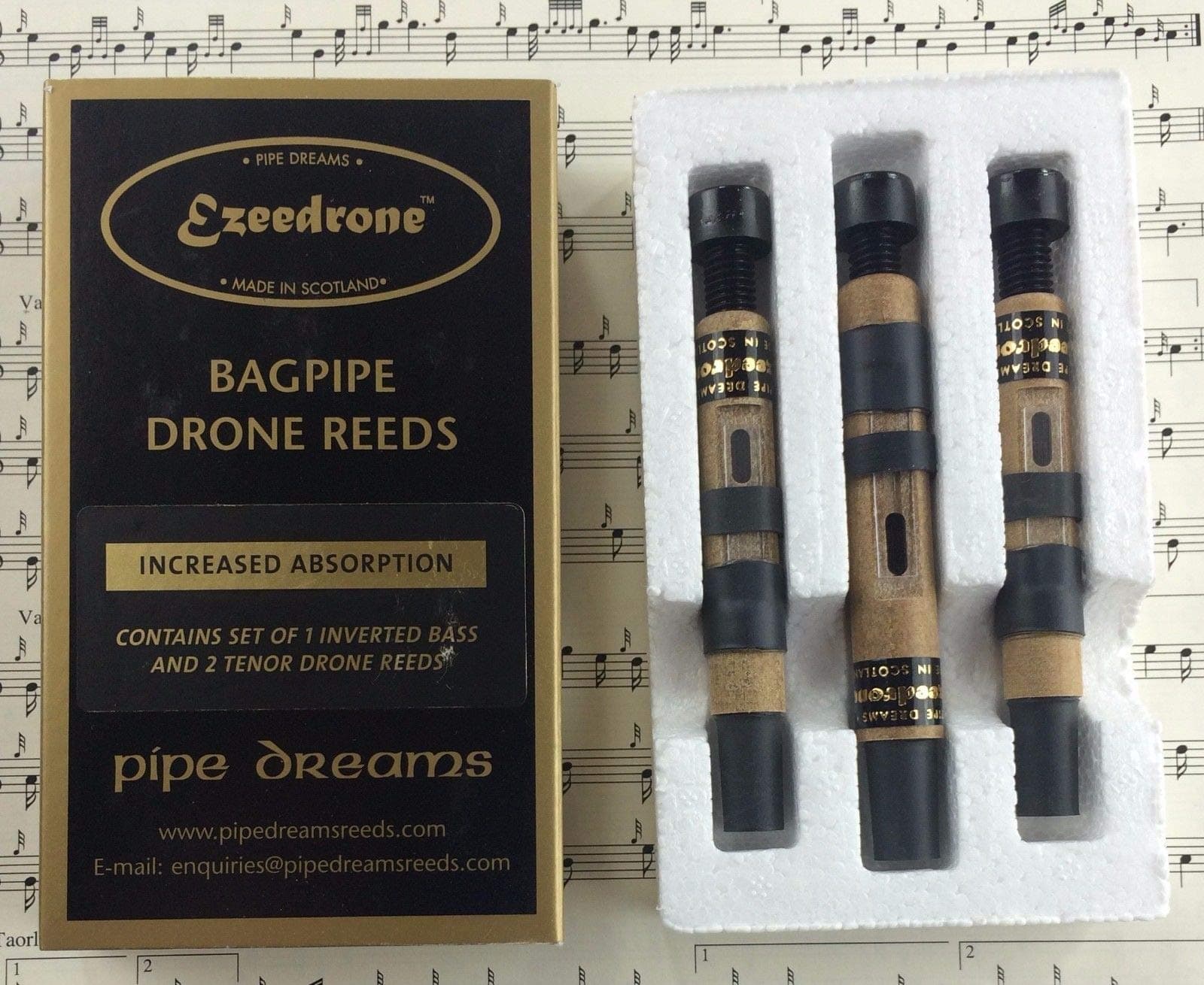 Ezeedrone Bagpipe Drone Reed, B Flat, Brass, Increased Absorption Tenors & Inverted Bass, Black, Brown, Gold