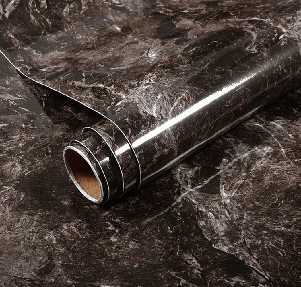 REDODECO Brown Marble Adhesive Paper Gloss Vinyl Wrap Film for Kitchen Countertop Peel Stick Wallpaper Decal 15.8inch x79inch (Drak Brown)