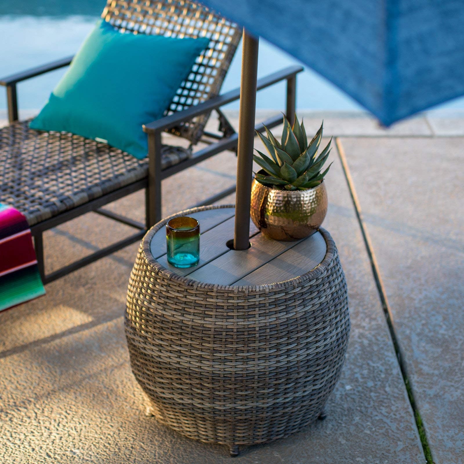 Tonal Brown Wicker Round Umbrella Table Side Table Stand with Umbrella Hole Outdoor Deck Garden Pool Patio Furniture