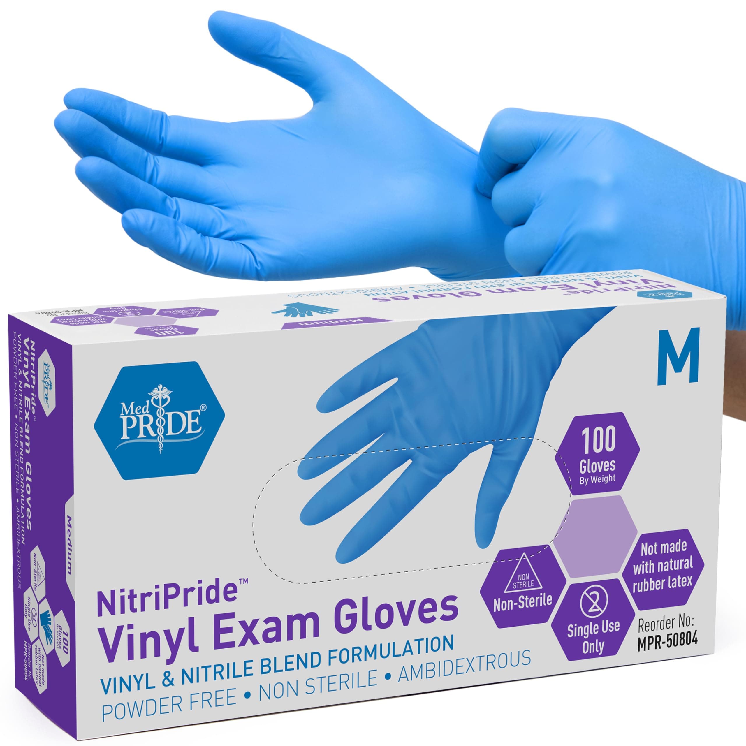 MED PRIDE Nitrile/Vinyl Blend Exam Gloves, Powder-Free, Latex-Free, Disposable, Non-Sterile, Blue, Medium (Box of 100)