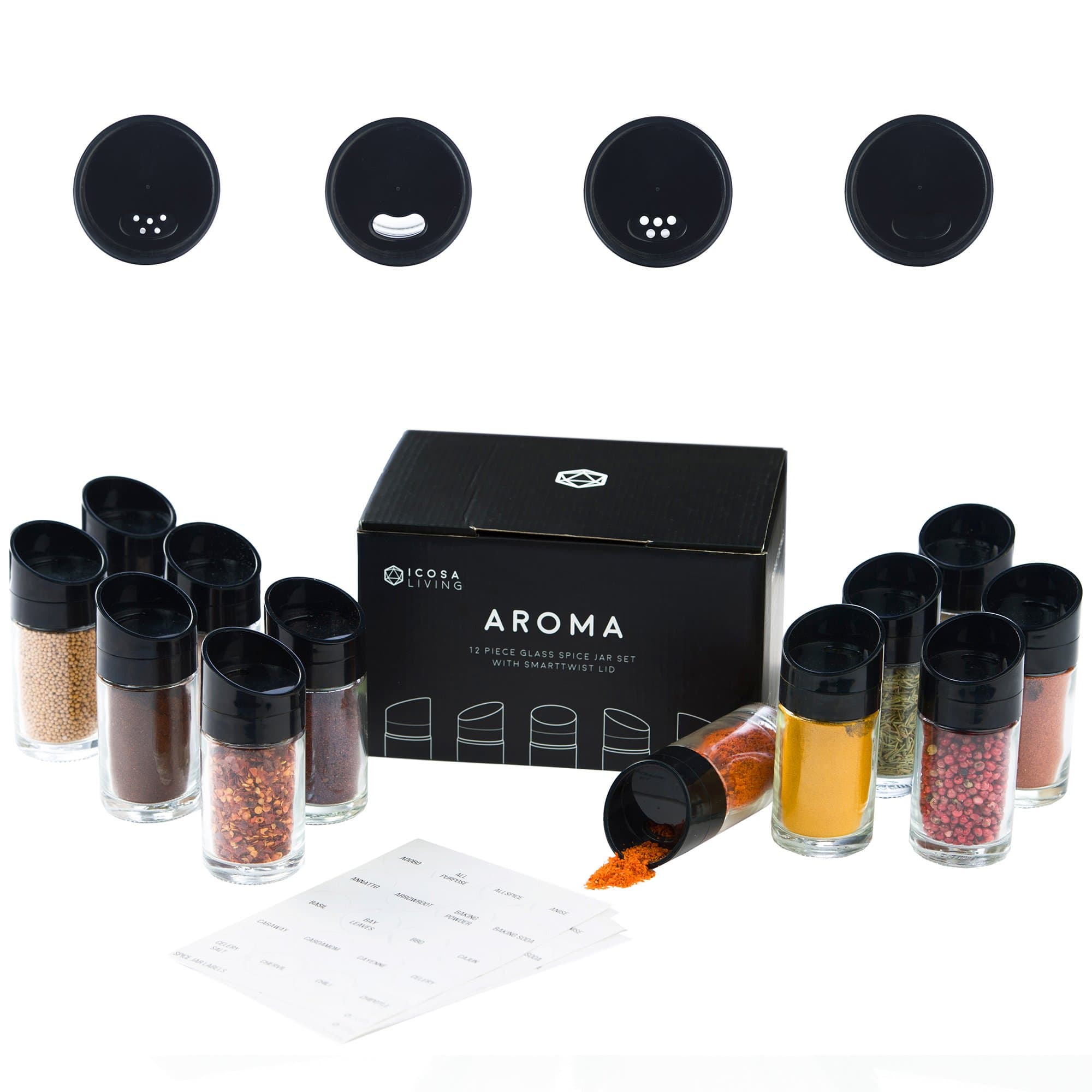 AROMA 12-piece Premium Glass Spice Jar Set with Smart Twist™ Lid (Bonus 100 spice labels included) by ICOSA Living
