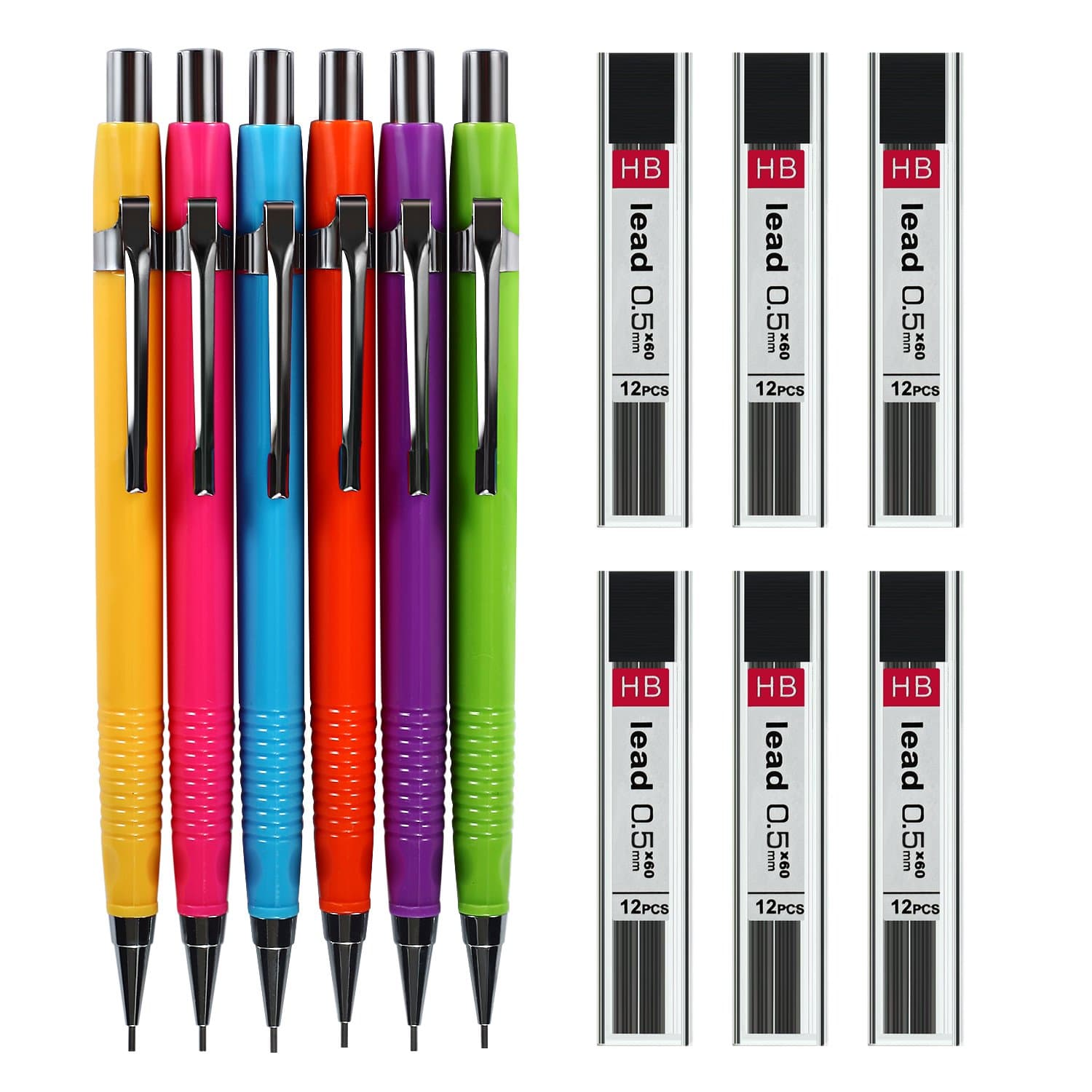 SoFire 0.5 mm Mechanical Pencil Set, 6 Pieces Rainbow Color 0.5 mm Mechanical Pencils with 5 Tubes 0.5 mm Lead Refills