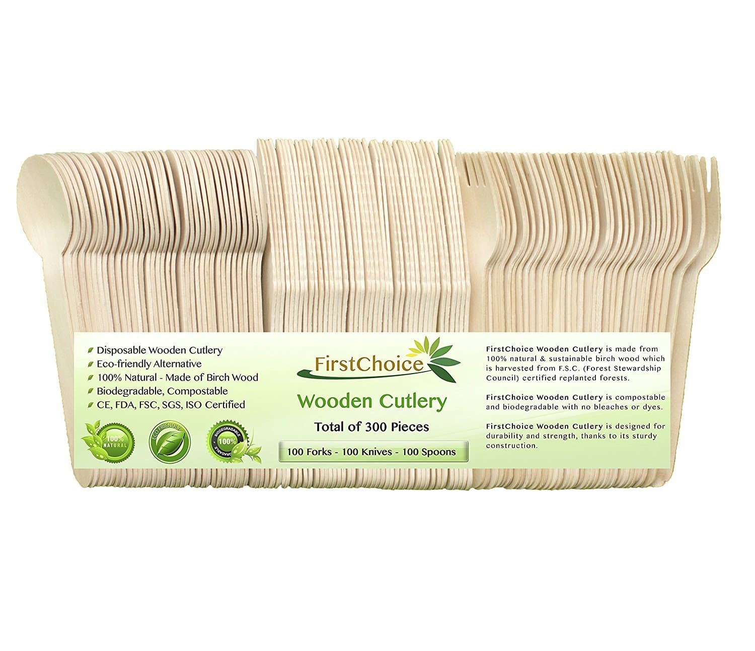 300-Piece Disposable Wooden Cutlery Set [100 Forks, 100 Spoons, 100 Knives] Eco Friendly Bamboo Biodegradable Compostable Supplies, Camping BBQ - Use with Party Paper Plates, Paper Bowls