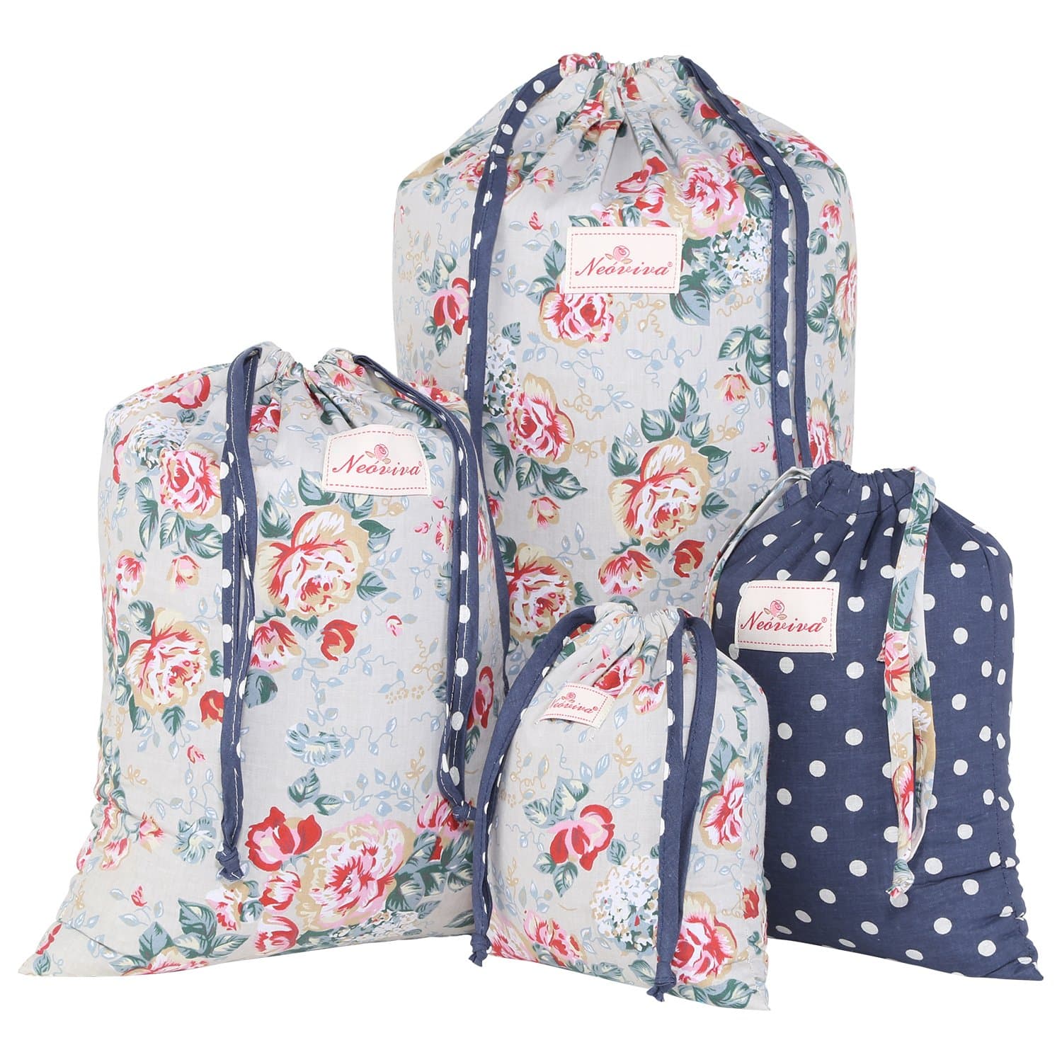 NEOVIVA Cotton Drawstring Bags for Home Organistion and Storage, Set of 4 in Multiple Sizes and Pattern, Floral Quarry Bloom