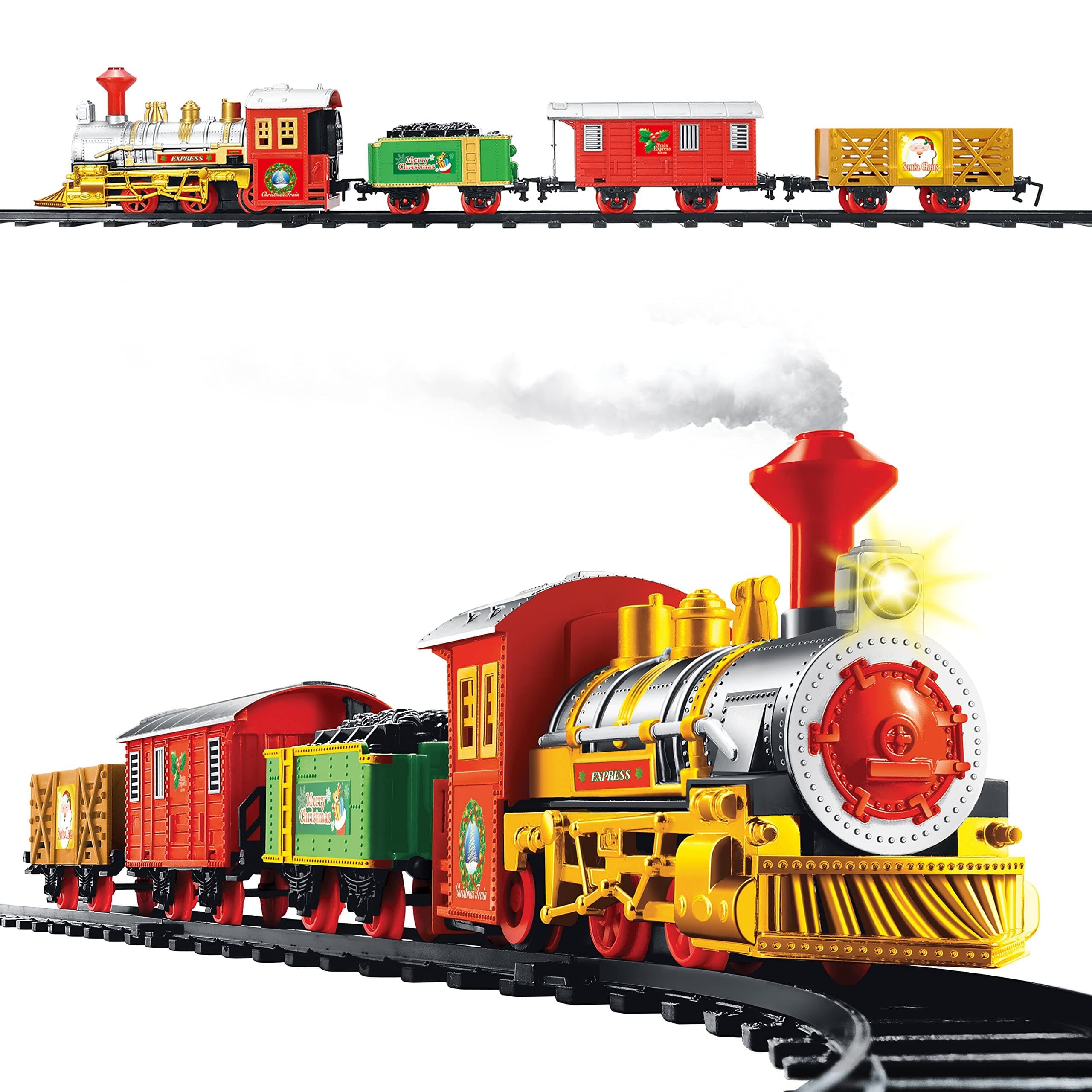 Christmas Train Set, 330 cm Track, Lights & Realistic Sounds, Battery-Operated, 14-Piece Set (Engine + 3 Carriages + 10 Track Pieces) - Fits Under Your Christmas Tree