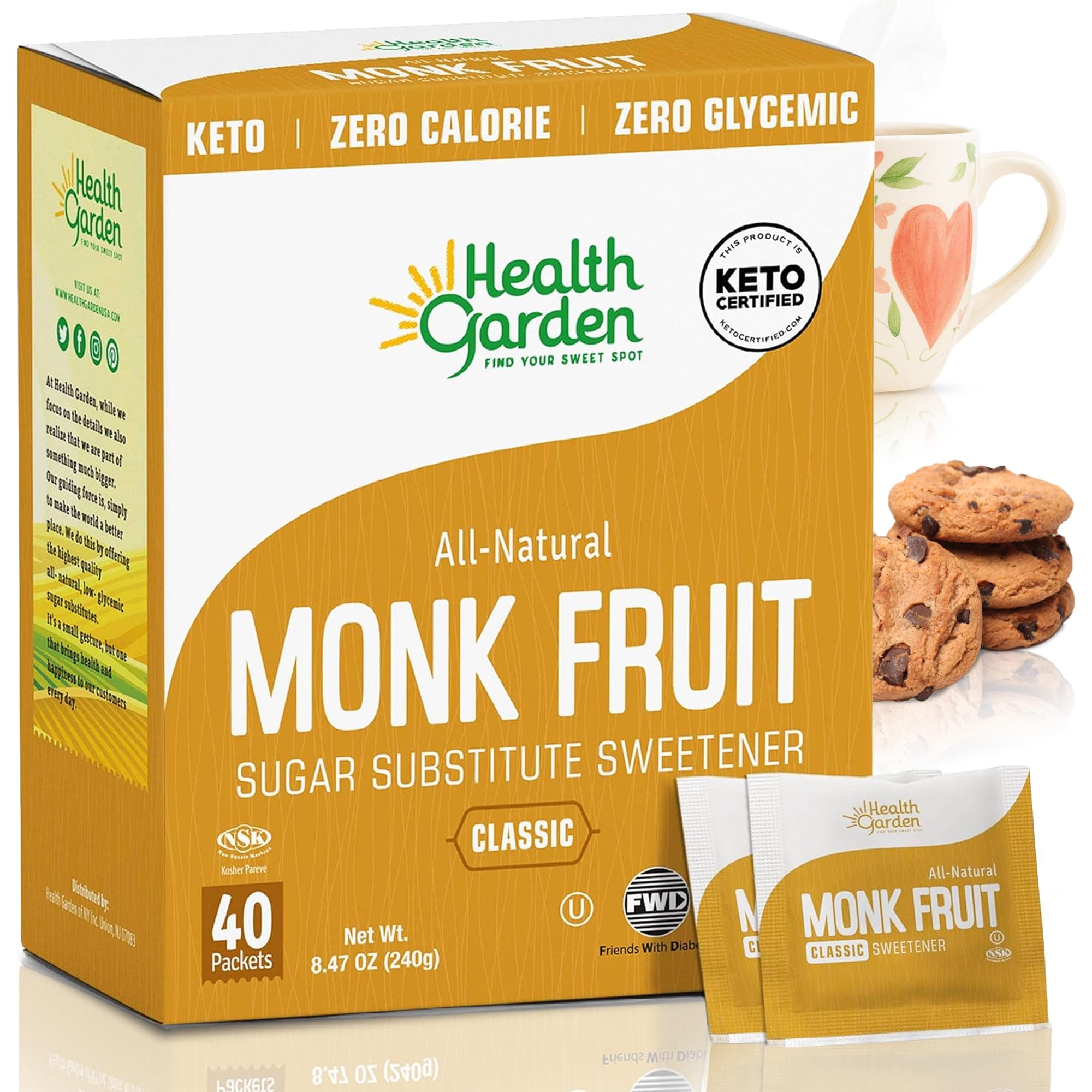 Monk Fruit Sweetener, Classic Sugar Substitute – 40 Count Packets – 1:1 Monk Fruit Sugar Substitute with Erythritol, Zero Calorie Monkfruit Sweetener for Baking and Coffee, Keto Friendly, Non-GMO