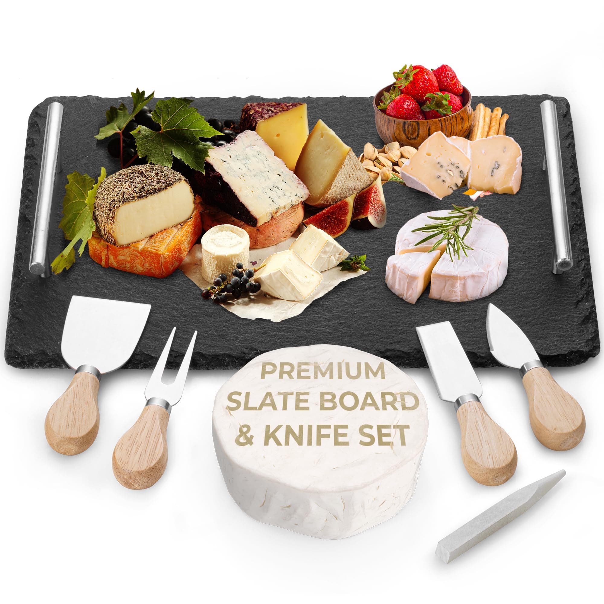 Slate Cheese Board Set w/Easy Carry Handles (14” x 10”, Black) Natural Stone Slate Tray for Appetizer Serving; Full Deluxe Cheeseboard Platter w/ 3 Knives, 1 Fork & 2 Soapstone Chalks by Yes4Quality