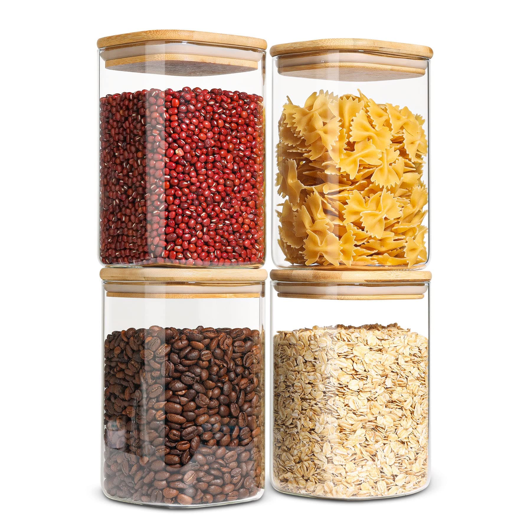 ComSaf Glass Storage Containers with Lids, 1.2 Qt Glass Jars with Lids, Clear Food Storage Jar, Canister For Pantry Cookie Flour Cereal Rice Sugar Tea Coffee Beans Spice, Square Set of 4