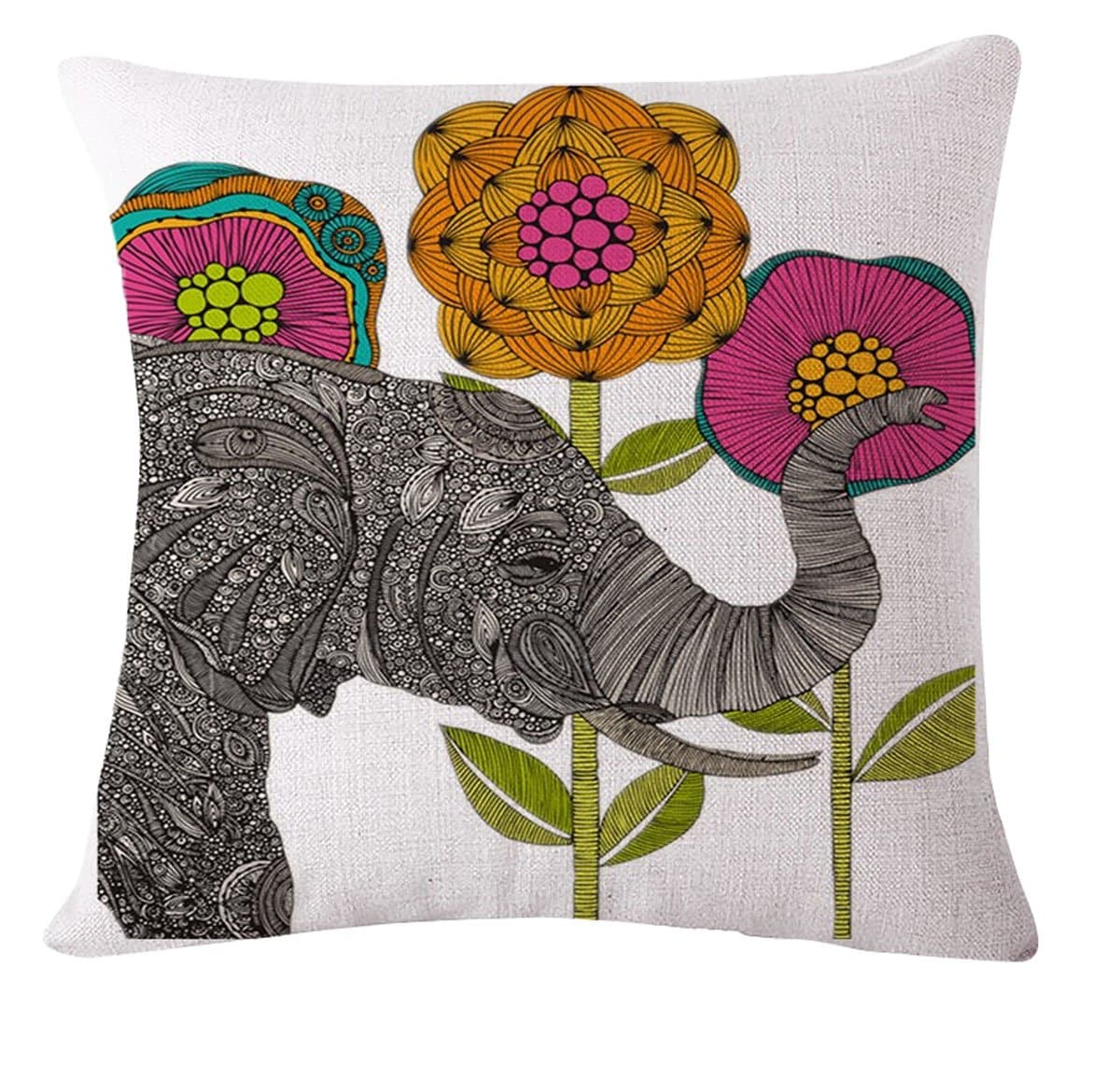 Colourful Animals Cushion Cover - Painted Elephant with Three Flowers Printed High Quality Cushion Cover 45cm x 45cm / 18 x 18 (CCPR0097)