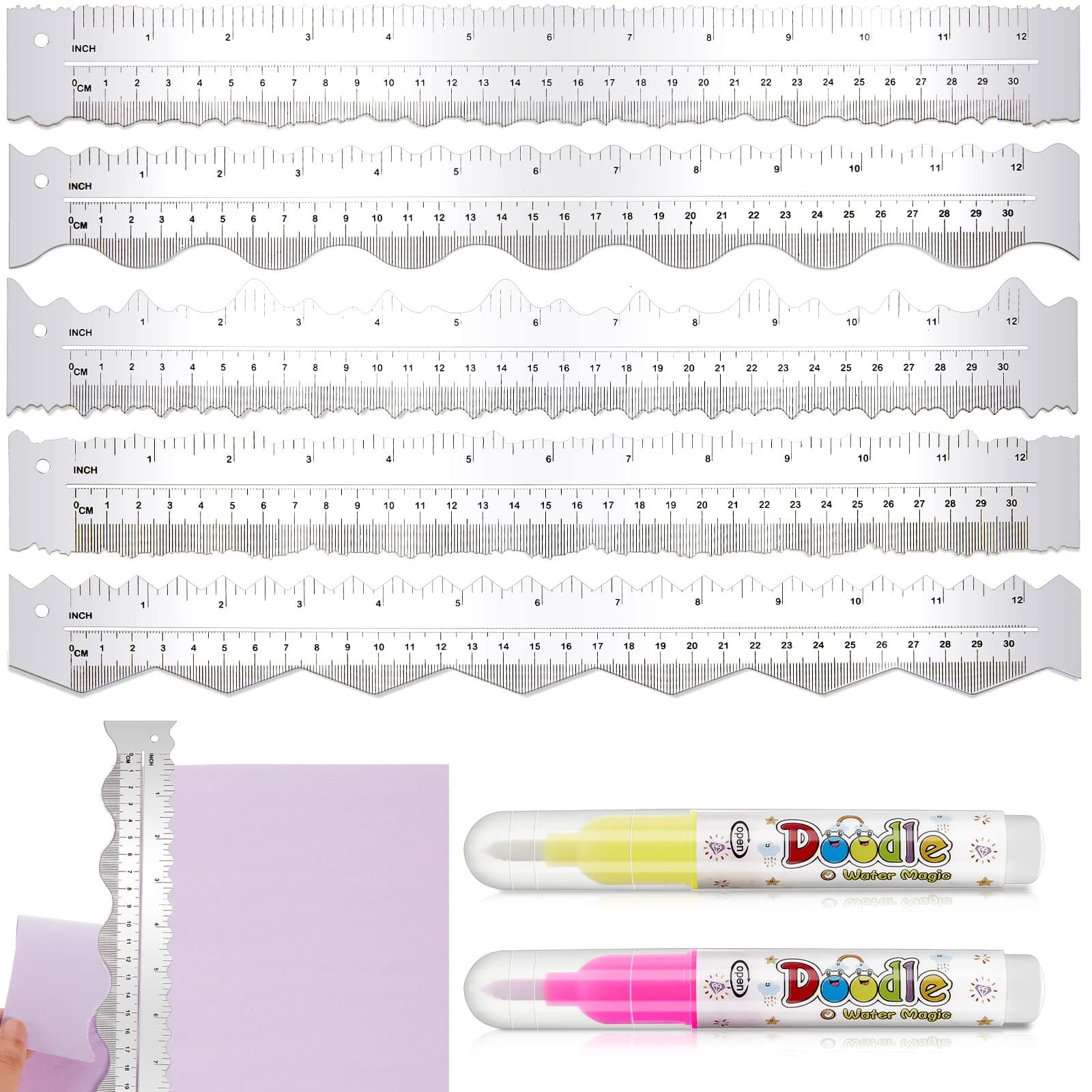 Leinuosen 5 Pcs Deckle Edge Ruler Paper Tearing Ruler Craft for Cutting 12 Inch Cut Tool with 2 Watercolor Marker for Wave Irregular Edges(Aluminium Alloy)