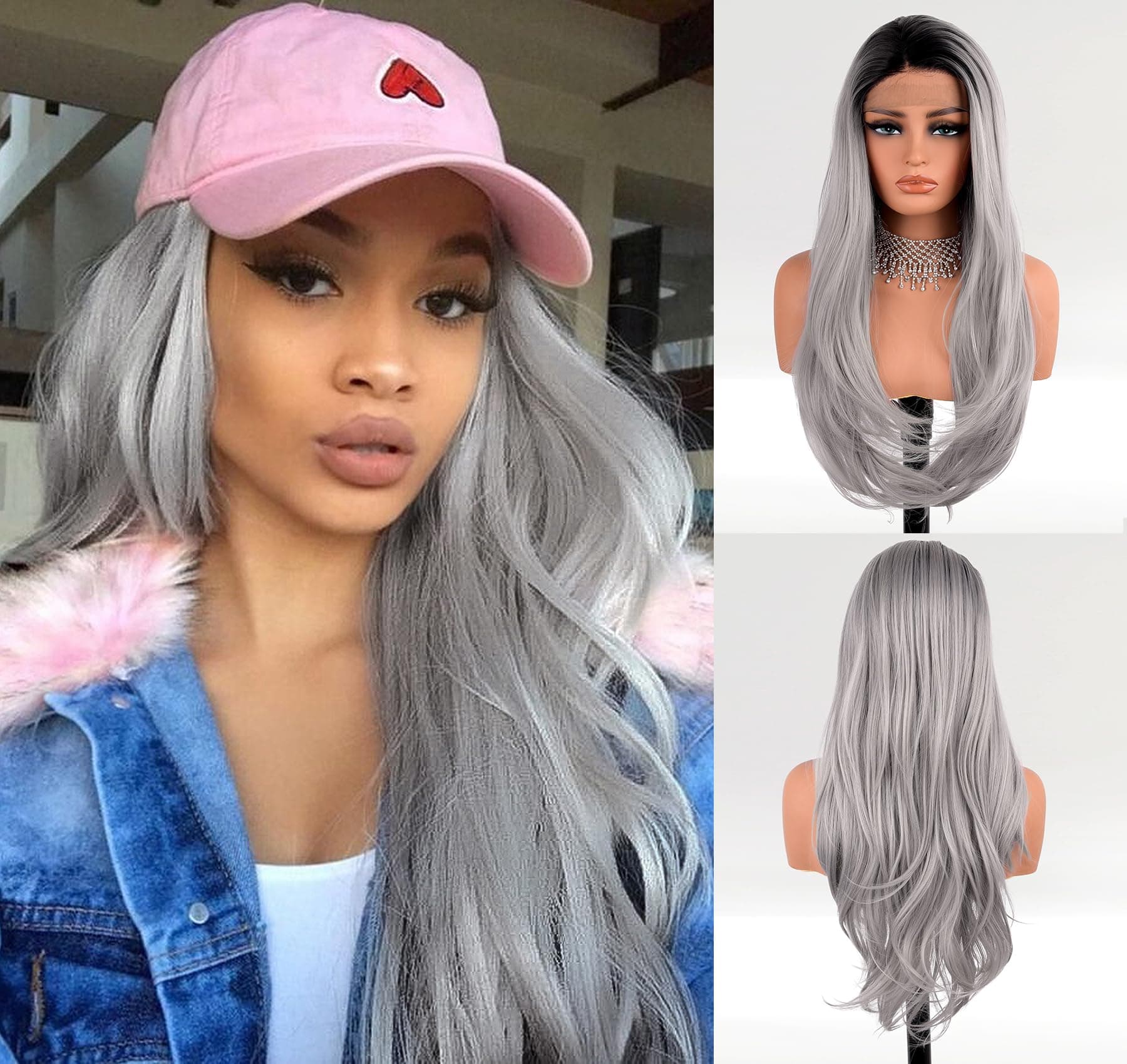 Ombre Black Grey Lace Front Wigs for Women Silver Grey Hair Wigs Long Natural Wavy Hair Wigs with Middle Part 22 inch Best Affordable Wig EALGA-014