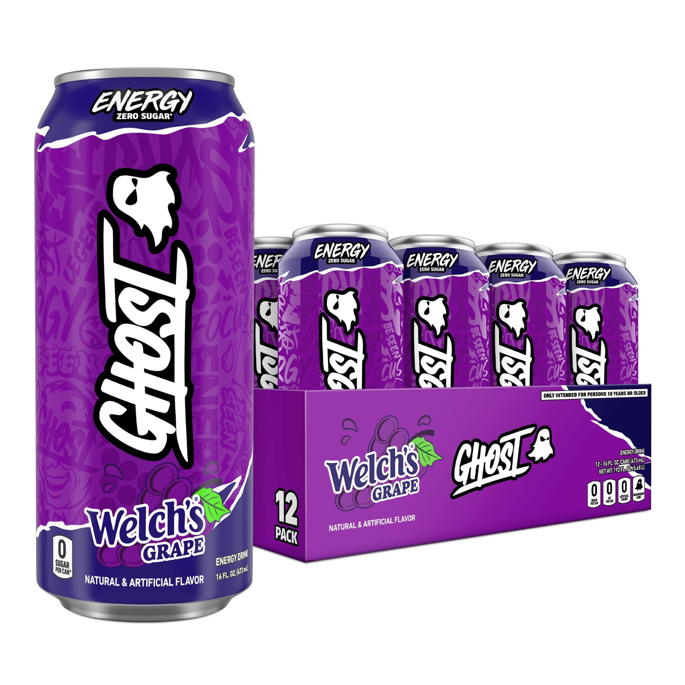 Energy Drink - 12-Pack, Welch's Grape, 16oz Cans - Energy & Focus & No Artificial Colors - 200mg of Natural Caffeine, L-Carnitine & Taurine - Gluten-Free & Vegan